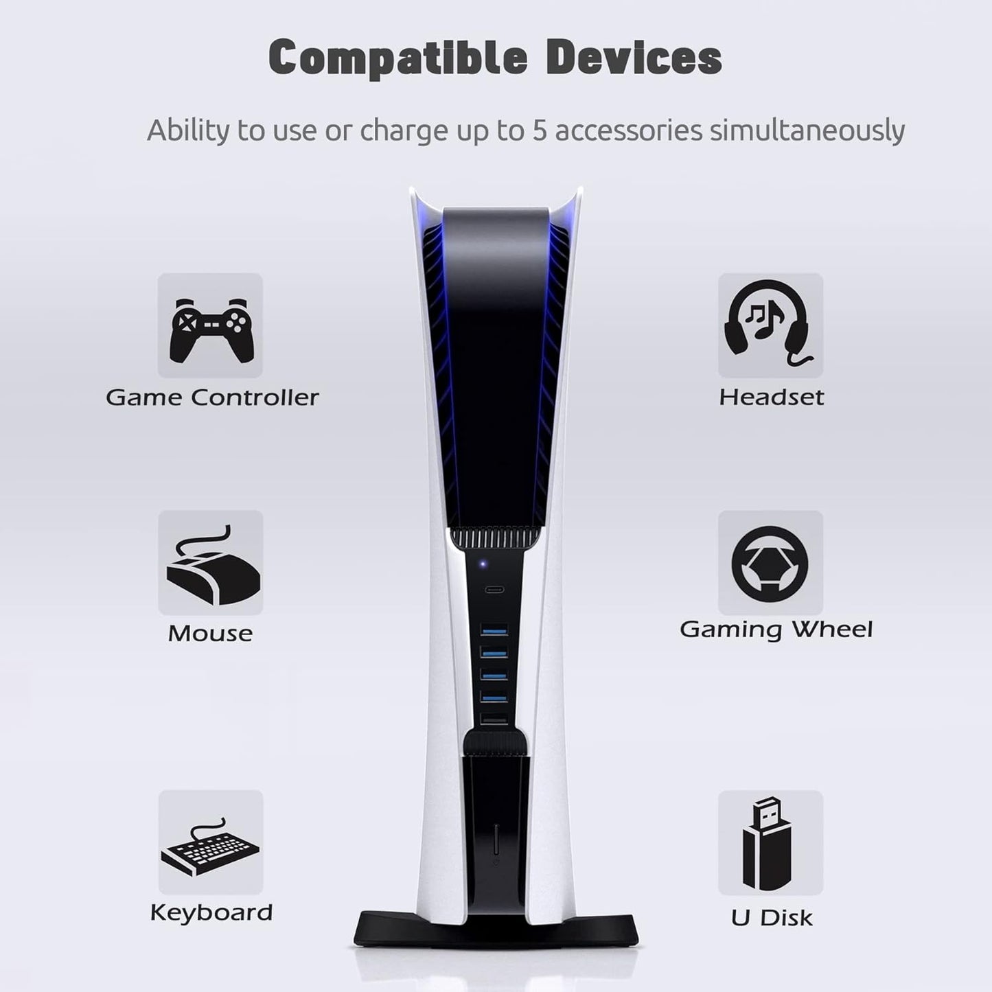 5 Port USB Hub for PS5,USB High-Speed Expansion Hub Charger USB Extender Compatible with PlayStation 5 Game Consolewith 4 USB + 1 USB Charging Port + 1 Type C Port