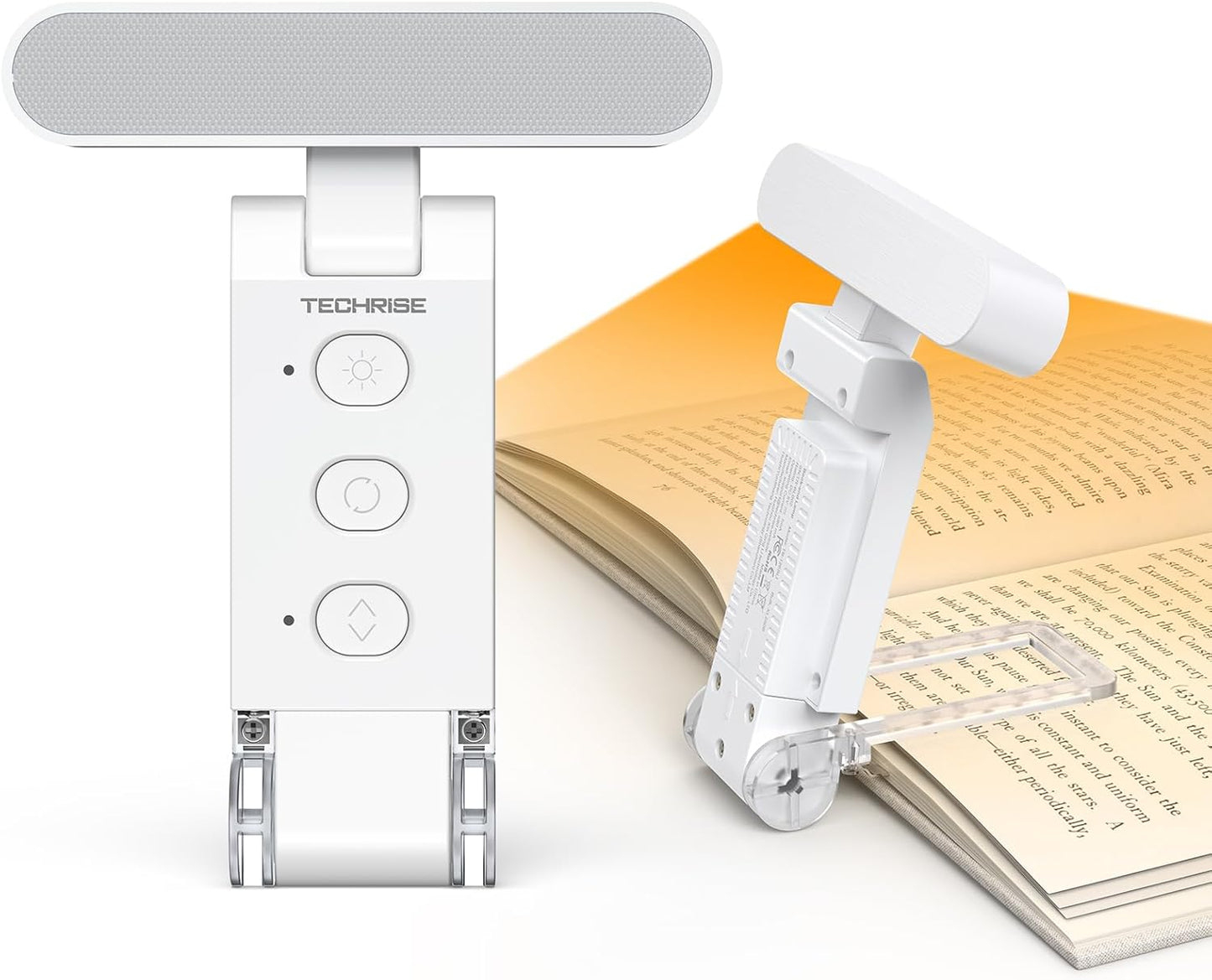 TechRise Book Light, 12 LED Clip-on Reading Light for Books in Bed, Rechargeable Reading lamp, Eye-Caring with Timer, 5 Color Temps & 6 Brightness, 80+ Hrs, Perfect for Kids, Book Lovers, Rectangular