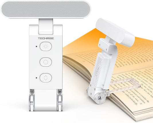 TechRise Book Light, 12 LED Clip-on Reading Light for Books in Bed, Rechargeable Reading lamp, Eye-Caring with Timer, 5 Color Temps & 6 Brightness, 80+ Hrs, Perfect for Kids, Book Lovers, Rectangular
