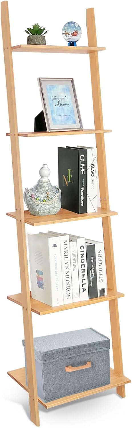HYNAWIN Wall Leaning Ladder Shelf Bookcase,5-Tier Bamboo Storage Rack Shelvest,FreeStanding Plant Stand, Corner Display Shelves for Living Room, Bathroom, Kitchen, Office(65in)