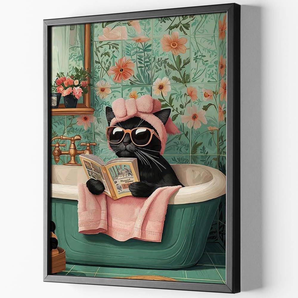 Framed Funny Cat Wall Art-Tub Cat Reading Poster For Room Aesthetic Decor-Cute Black Cats Pictures Canvas Prints Ready To Hang Bedroom Living Bathroom Wall Decor