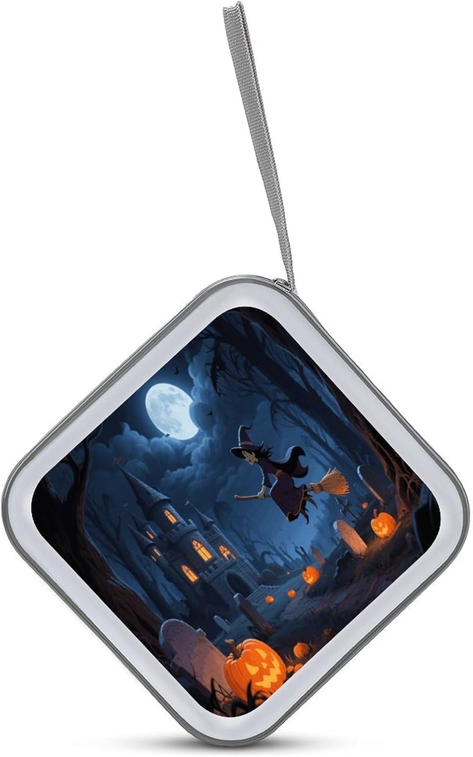 Orange Pumpkin Witch Scary Castle CD Case Portable Zipper CD Case 40 Capacity Hard Plastic DVD Cases Holder Large Storage Disc Wallet Bag for Car Home Travel DVD Collection Bag