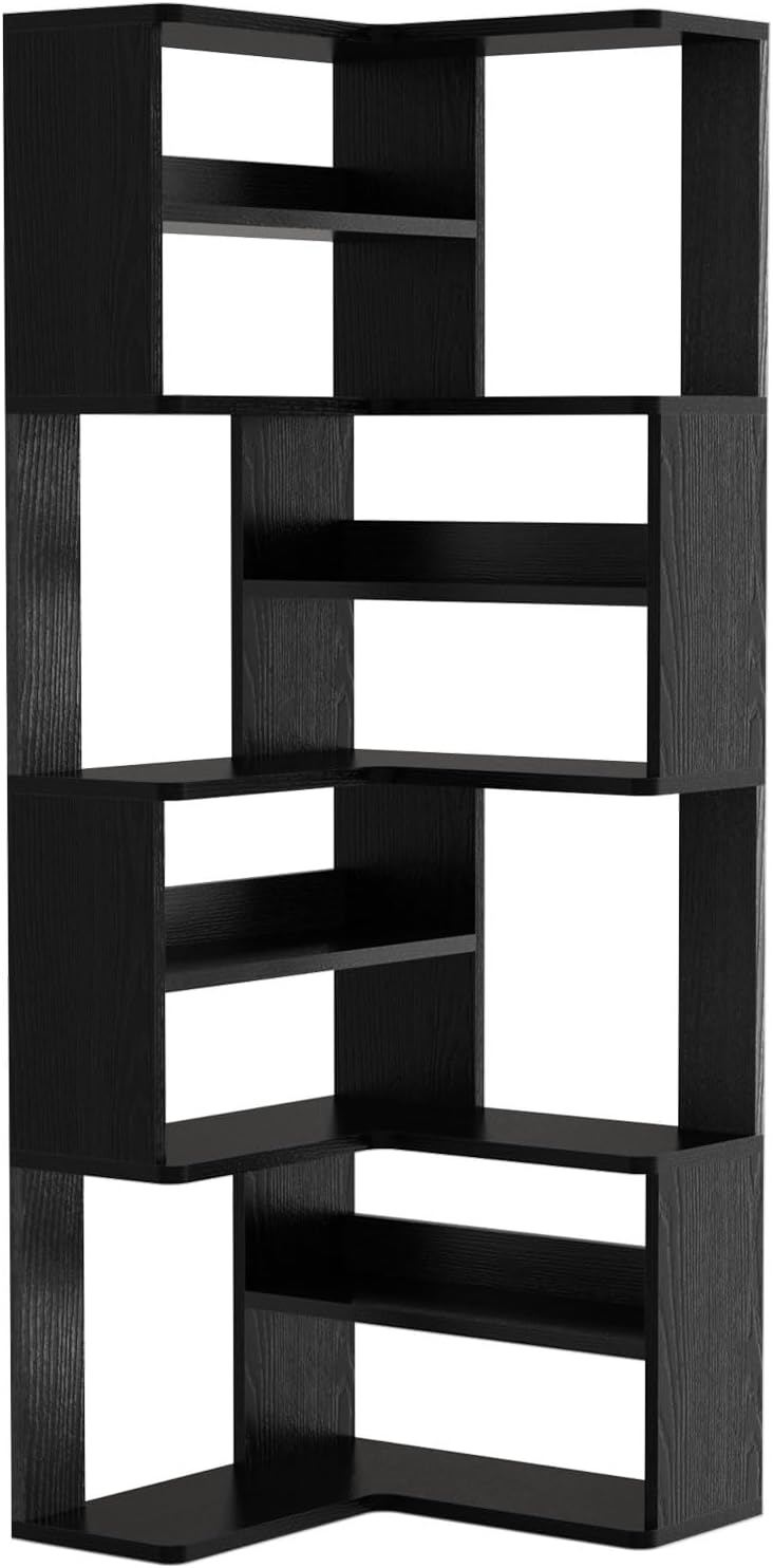 Lkeiyay 9-Tier Black Corner Bookcase, 65” Tall Space-Saving Modern Corner Bookshelf for Living Room/Bedroom, Sturdy Open Storage Unit with Multiple Shelves, Perfect for Home Office & Small Spaces