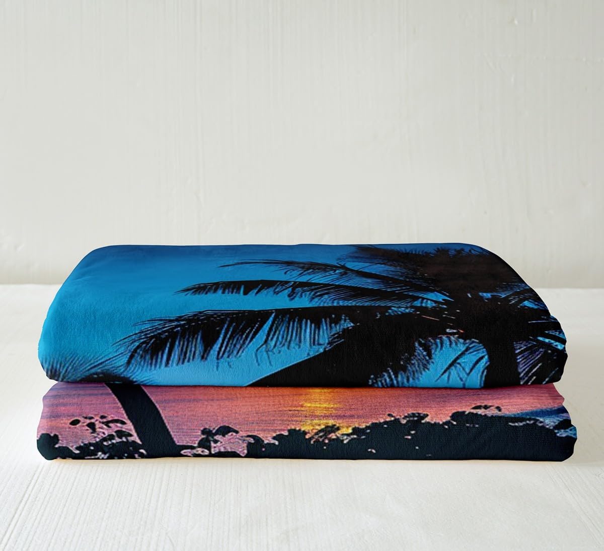 Feelyou Palm Tree Print Sherpa Blanket Chic Sunset Scenery Fleece Throw Blanket for Sofa Couch Kids Tropical Leaf Pattern Warm Plush Blanket Hawaiian Summer Pattern Room Decor Throw 50"x60"