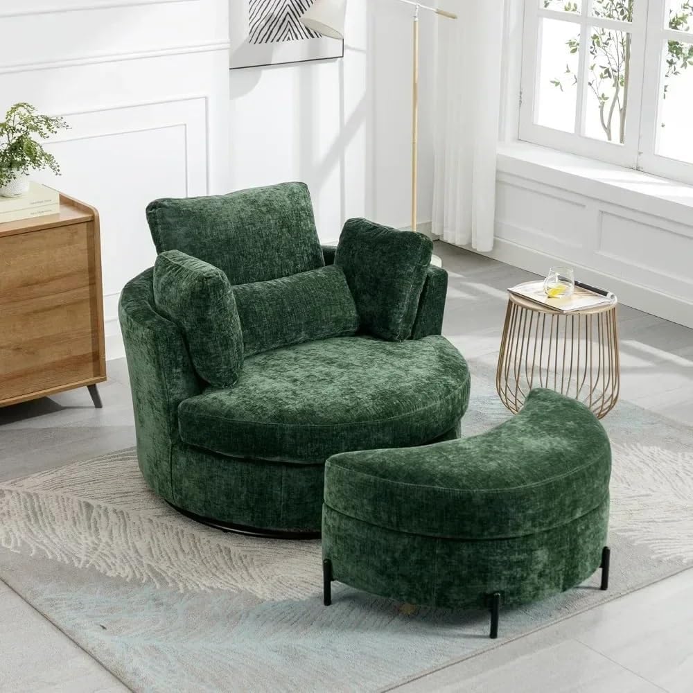 360° Swivel Barrel Chair Large Chaise Lounge Chair Comfy Big Round Cuddle Reading Chair for Living Room with Storage, Footstool