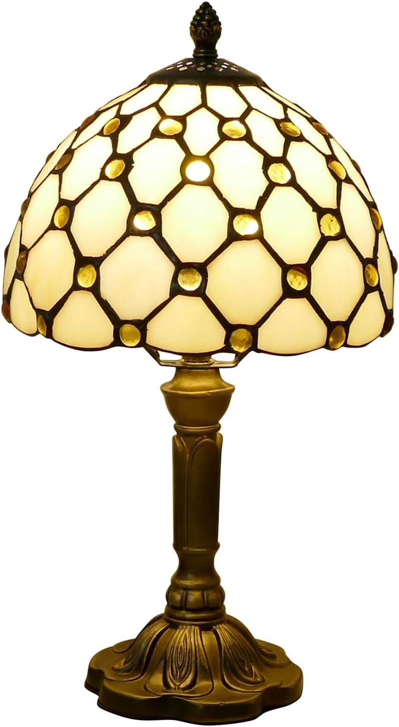 Tiffany Style Table Lamp Beige Beads Vintage Bedside Table Light Desk Lamps Accent Small Lamp 14" Tall 8" Wide Reading Lamp with Color Changing LED Bulb