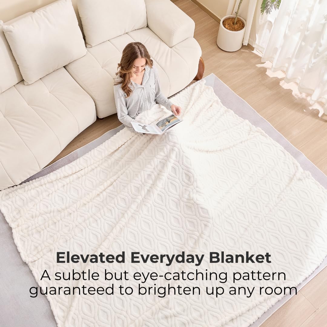The Seacliff Blanket 50x60 Throw, Lighthouse Cream – Lightweight Soft Fleece Throw Blanket for Couch, Breathable All Season, Coastal Wave Texture
