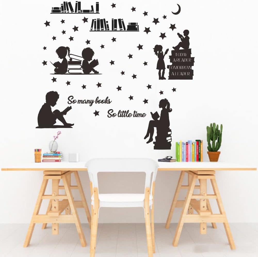 Kids Reading Wall Decal - Today a Reader Tomorrow a Leader Inspirational Quote Sticker - Removable PVC Vinyl for Playroom, Bedroom, Home Library - 31"x34" JWH202 (Black)