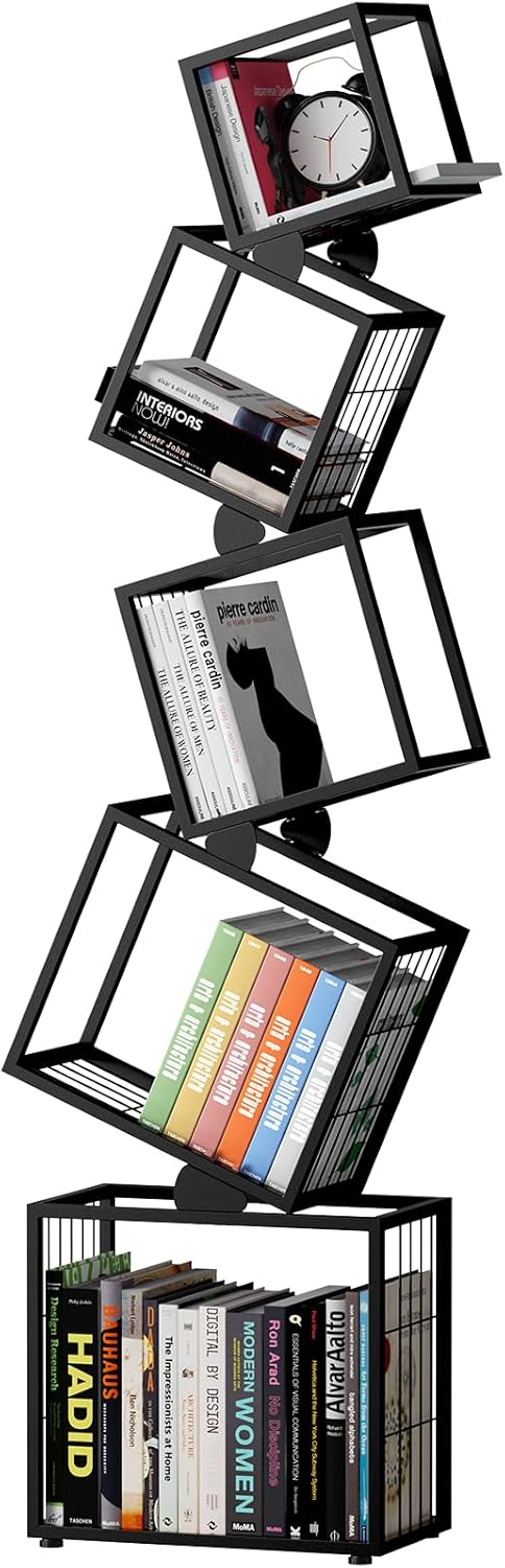 5-Tier Skinny Bookshelf with Unique Geometric Design - Modern Metal Bookcase, Space-Saving Narrow Organizer for Living Room, Bedroom, Office, Corner - Black