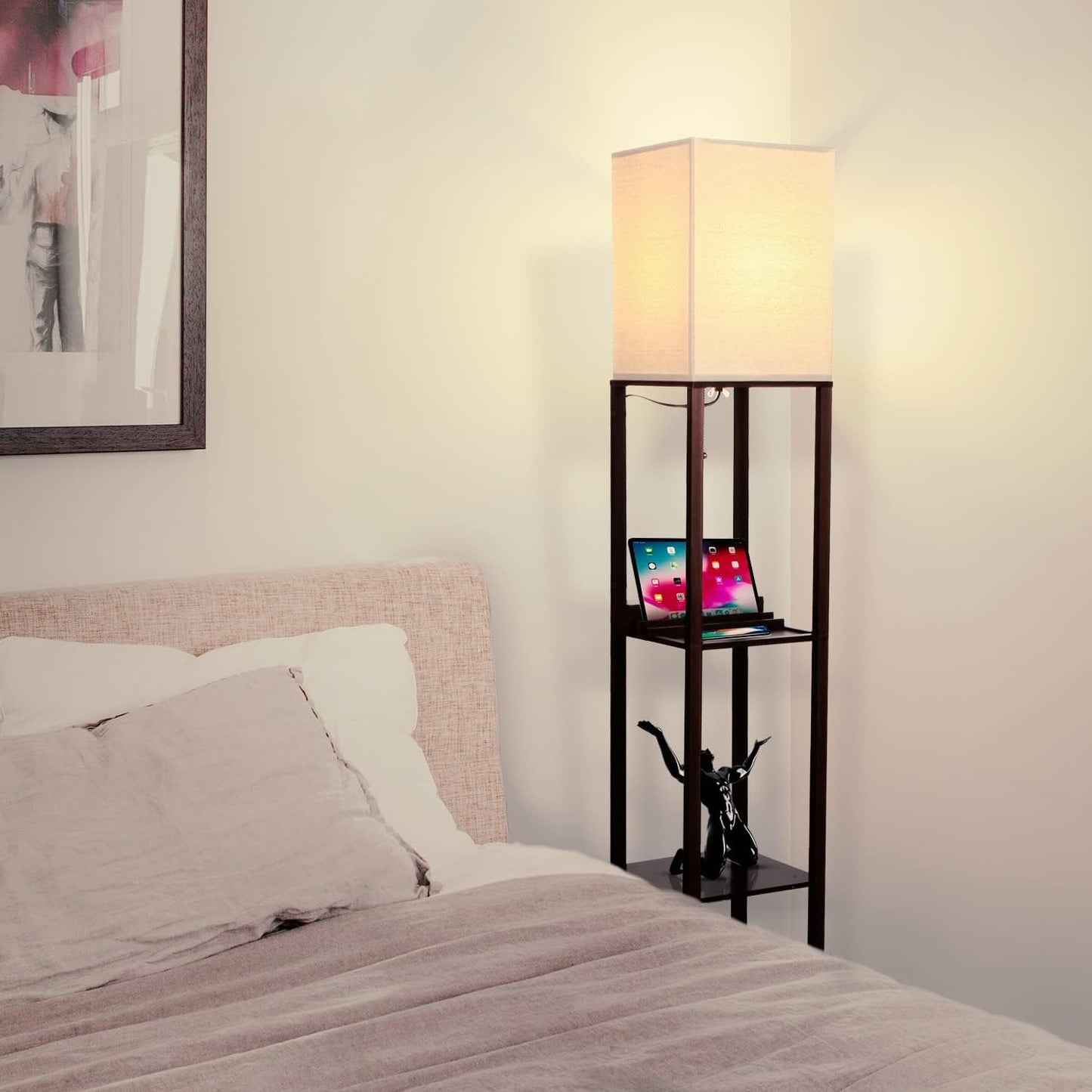 Brightech Maxwell Charger - Modern Shelf Floor Lamp with USB Charging Ports & Electric Outlet - Corner Display Floor Lamps with Shelves for Living Room, Bedroom and Office - Havana Brown