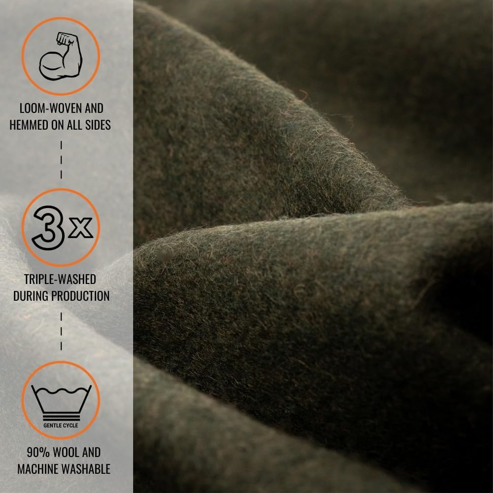 Arcturus Tahoe Wool Bed Blanket | Soft, Breathable Wool Blanket for Year-Round Comfort - Queen Size (90"x 96") | Thick, Washable & Warm (Olive Green)