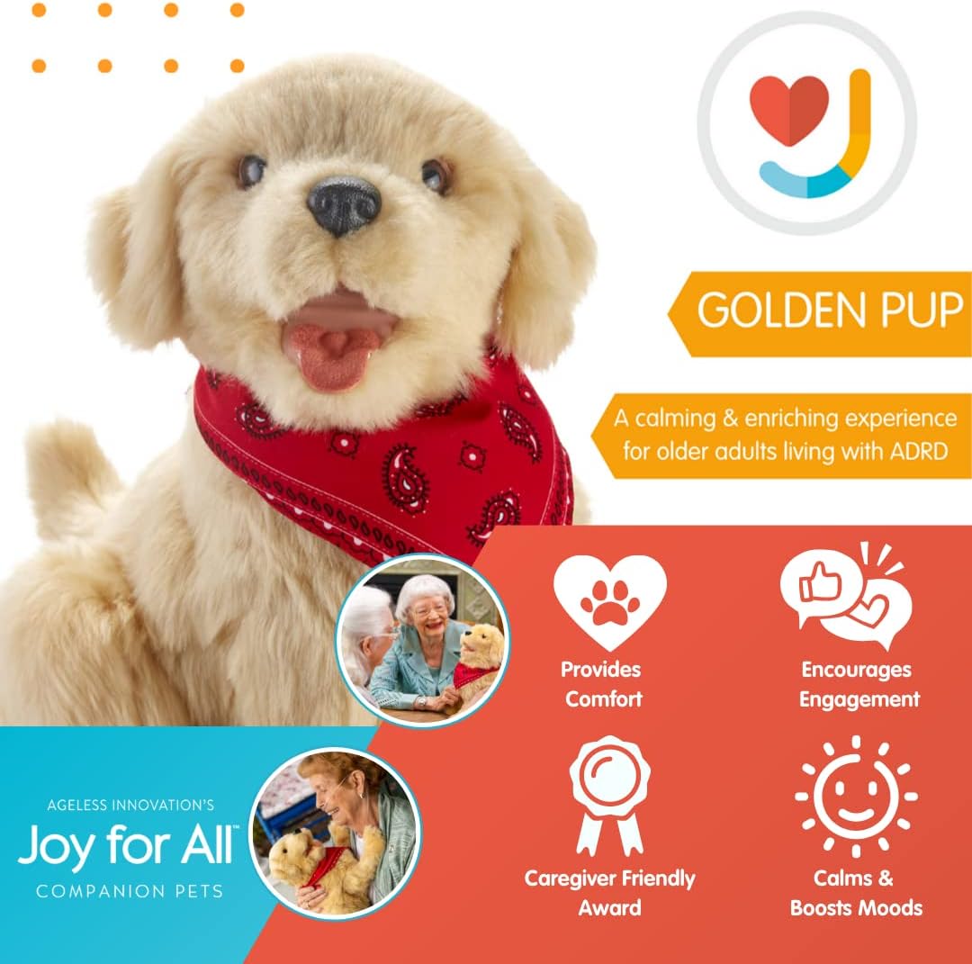 JOY FOR ALL Ageless Innovation Companion Pet for Seniors - Lifelike Animatronic Dog - Realistic Soft-Touch Coat & Heartbeat - Therapy Stuffed Animal - Toy for Alzheimer's & Dementia - Golden Pup