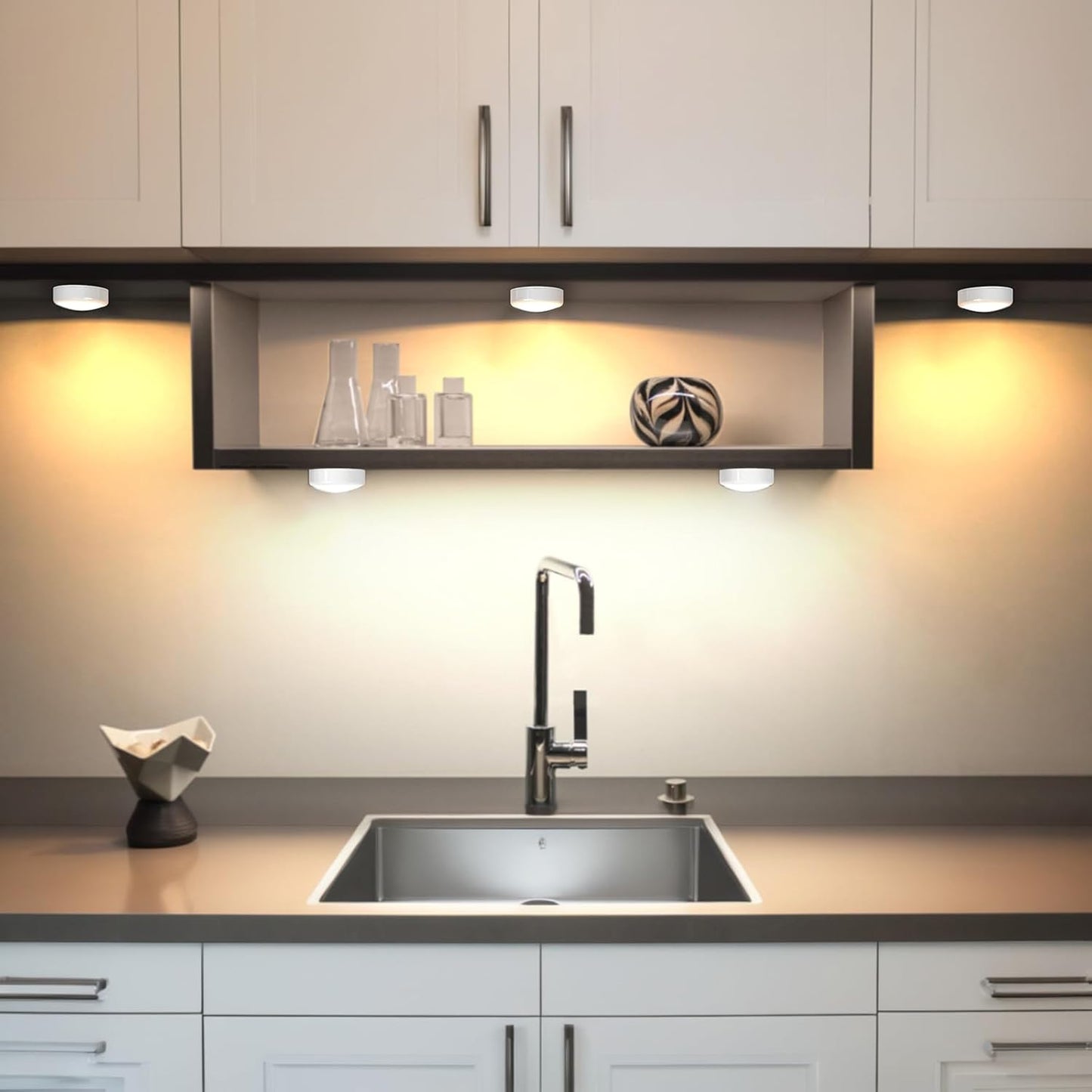 HELPLEX LED Puck Lights with Remote, 6 Pack Color Changing RGBW Stick-On Light, Battery Powered, Dimmable Under Cabinet Lighting with Timer & Memory, Wireless Push Lights for Kitchen & Closet