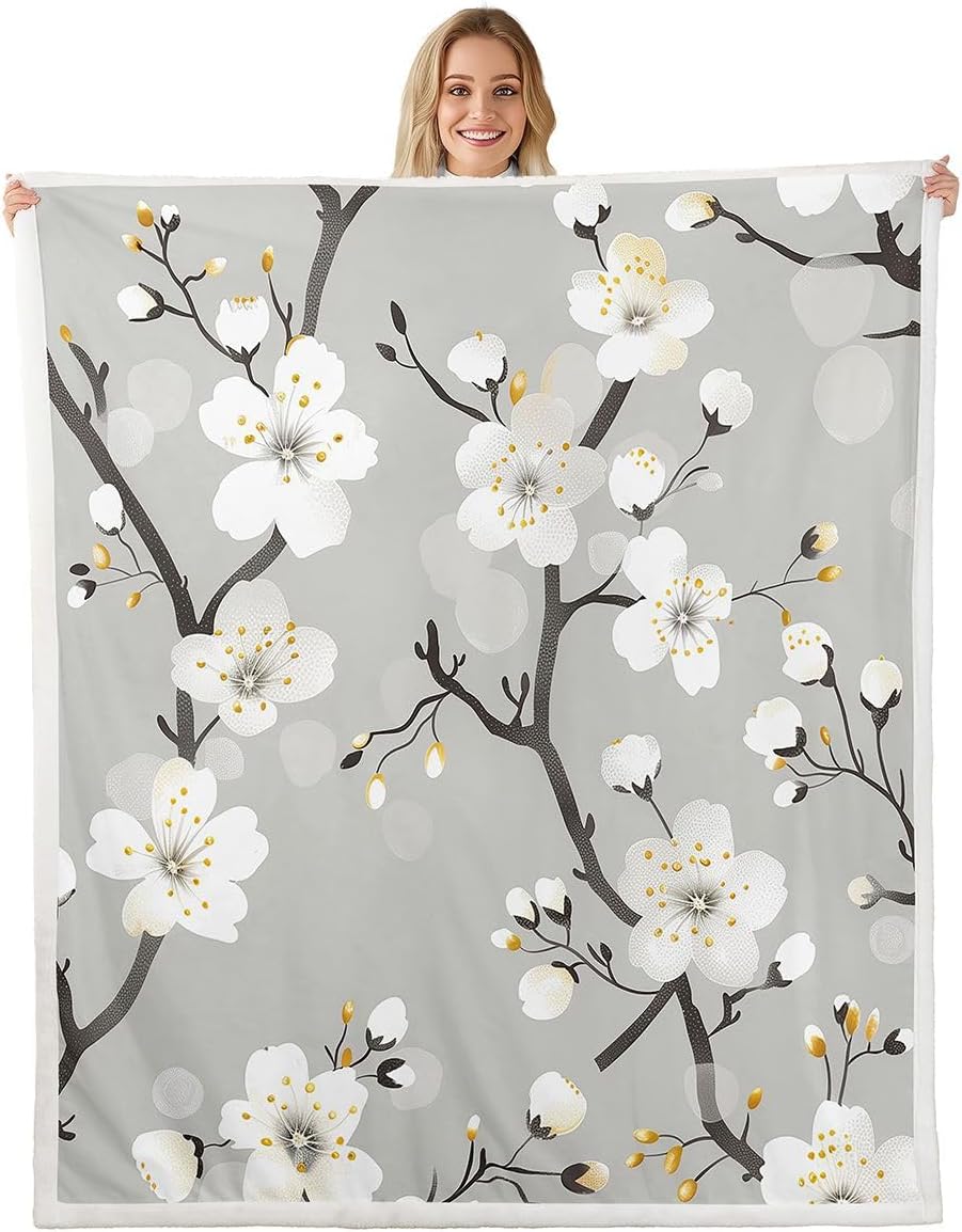 Feelyou Vintage Flowers Sherpa Throw Blanket for Couch Grey Boho Floral Super Soft Cozy Fleece Boho Blanket for Winter, Plush Throw Baby 30"x40" All Season
