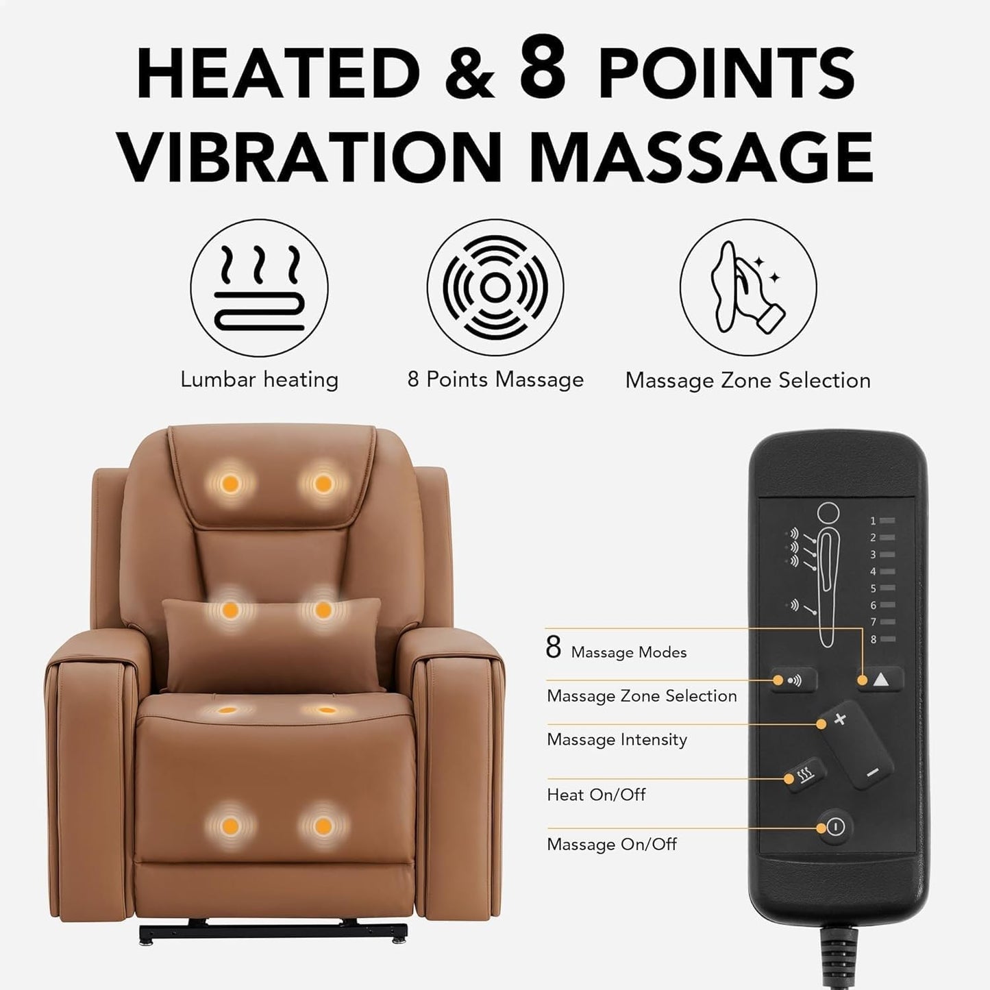 Oversized Power Lift Recliner Chair for Elderly, Electric Lay Flat Sofa with Massage and Heat, 2 Cup Holders and USB Ports, Modern Leather Ergonomic Lounge Chair