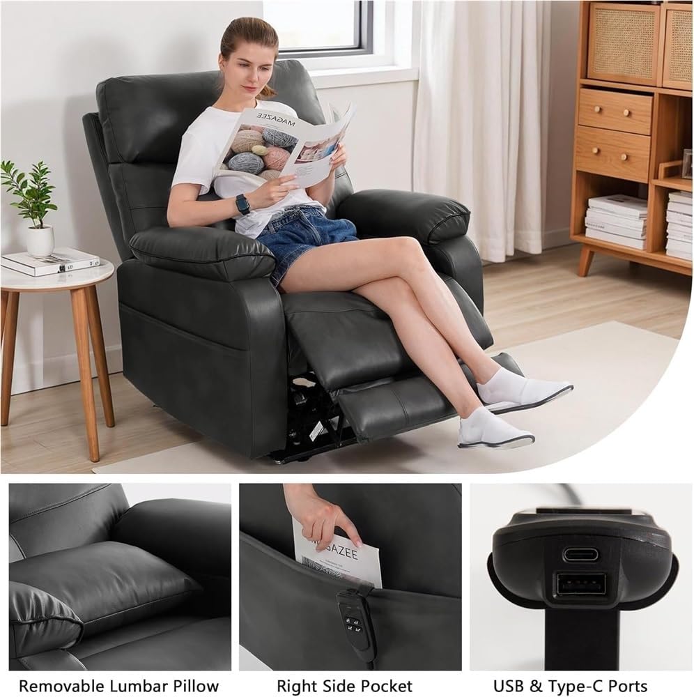 Power Lift Recliner Chair for Adults Elderly, Leather Furniture with Heat Massage, Infinite Position Lay Flat for Living Room Bedroom, USB Ports Cup Holder