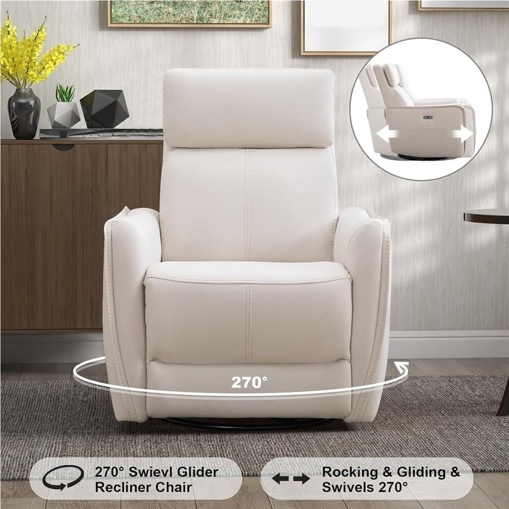 Power Recliner Chair with USB Port, Beige Leather Glider Rocker Swivel Reclining Lounge Chair, Electric Recliner for Living Room Home Theater Nursery Comfortable Seating