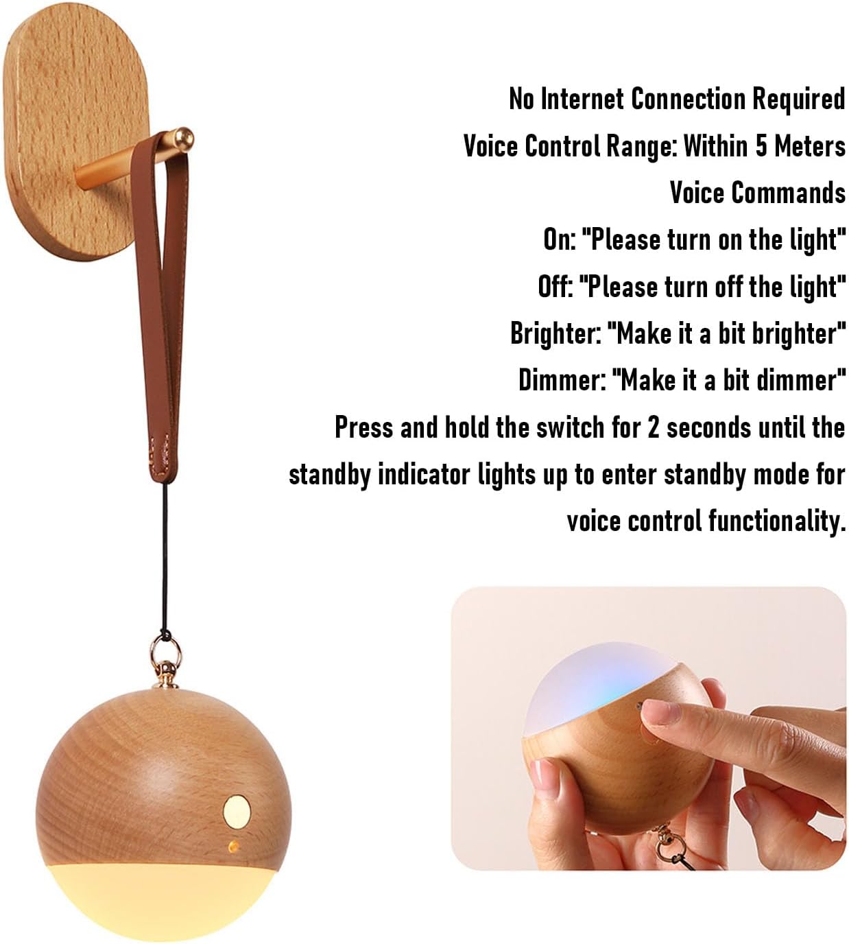 ZJchao Wooden Voice Control Night Light 3 Brightness Levels USB Rechargeable Bedside Lamp with Hanging Strap for Bedroom Nursery Desk