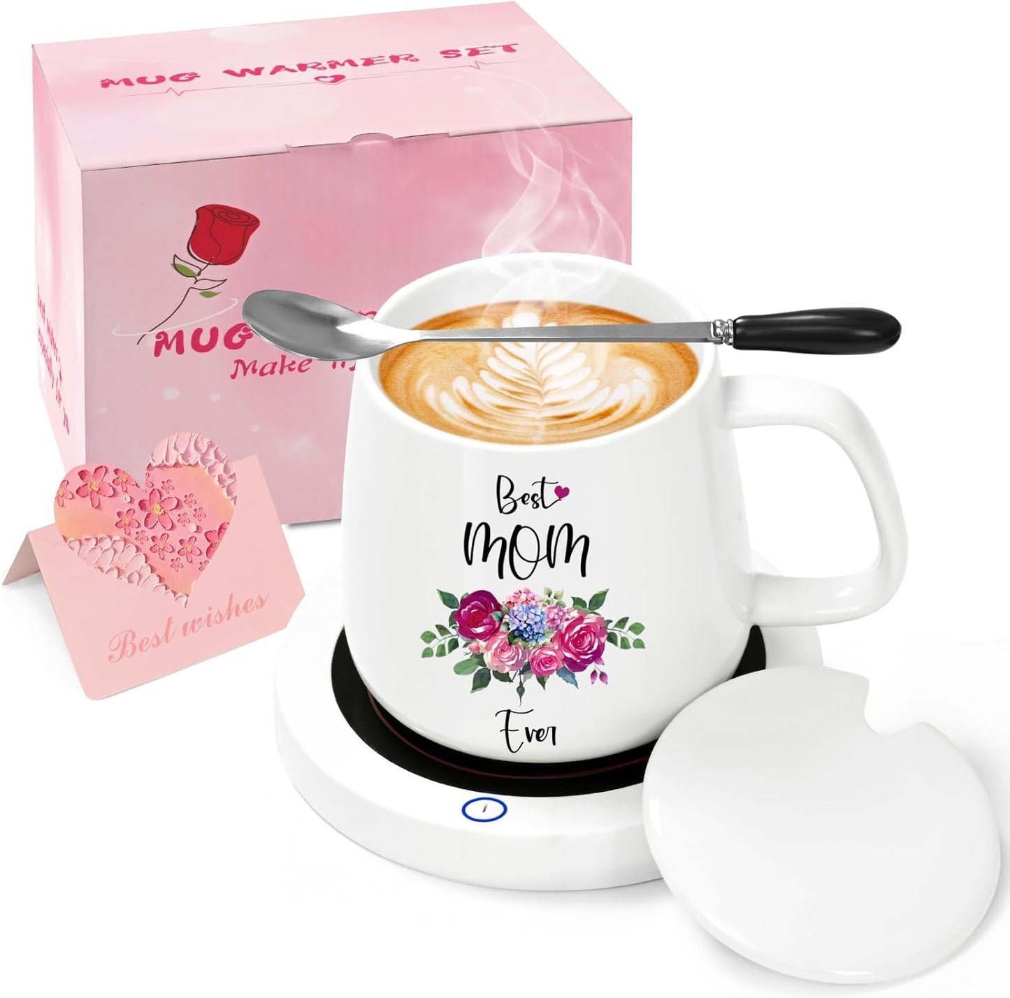 Coffee Mug Warmer, Best Mom Ever Mug, Coffee Cup Warmer for Desk, Gifts for Women, White Heated Coffee Warmer for Mom Home Office Christmas Birthday Gifts