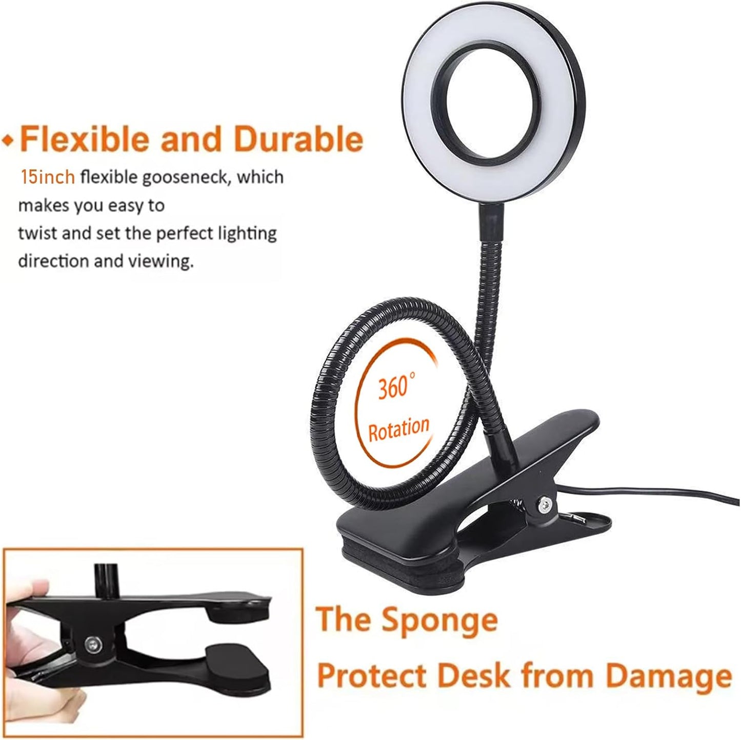 Clip on Light LED Reading Book Study Lamp 3 Color Modes 10 Brightness Eye Protection 360° Flexible Gooseneck Student Dormitory Office Desk Lamp at Night in Bed