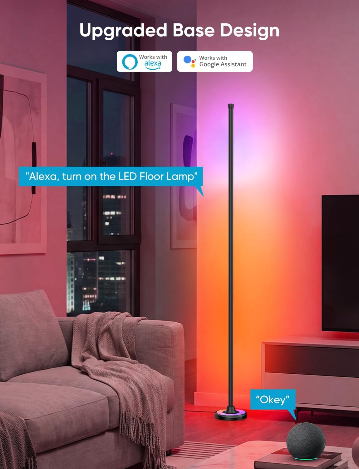 APPECK RGBW Corner Floor Lamp with Wi-Fi App Control, 60 Inch Smart Standing Lamps with 114 Scenes, DIY Mode, Music Sync, Modern Standing Lamps for Bedroom, Living Room