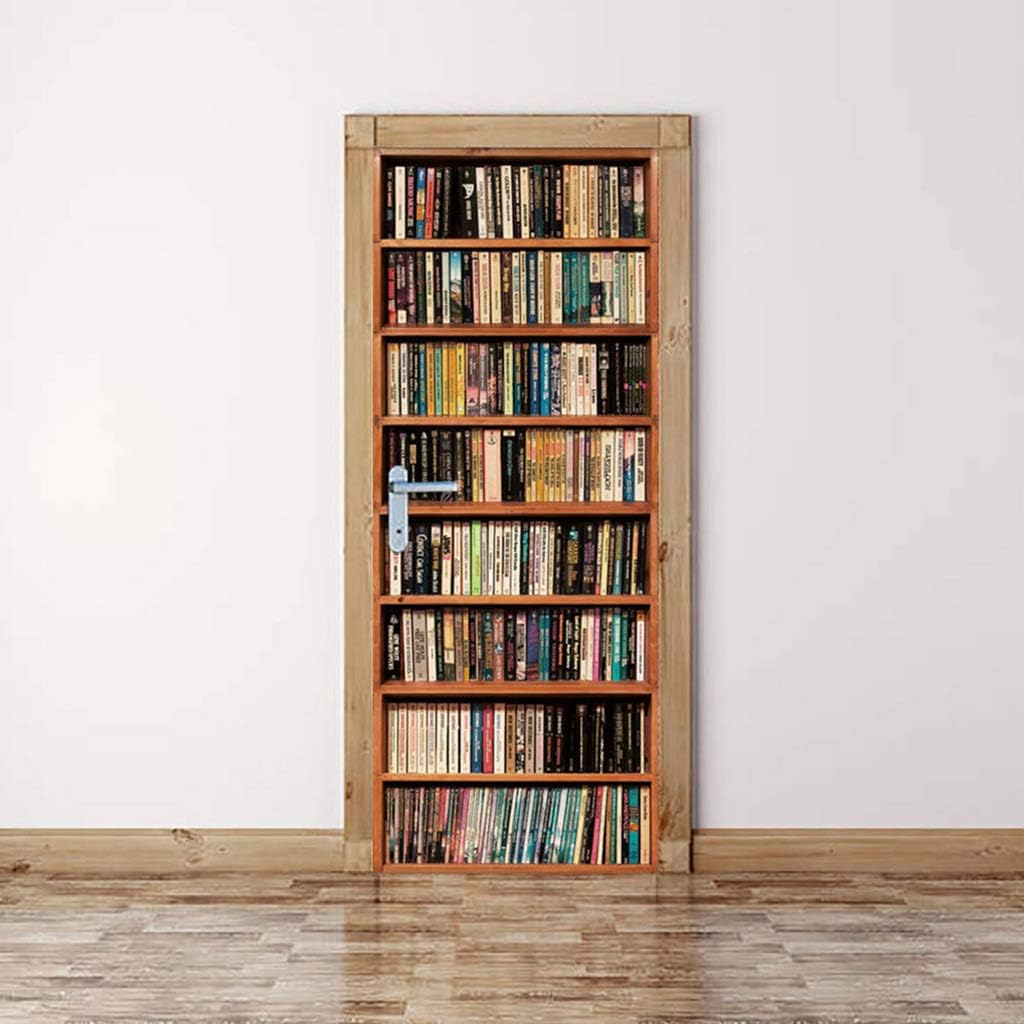 Creative 3D Door Sticker Bookshelf Bookcase Wallpaper Self Adhesive Wall Mural DIY Bedroom Decor