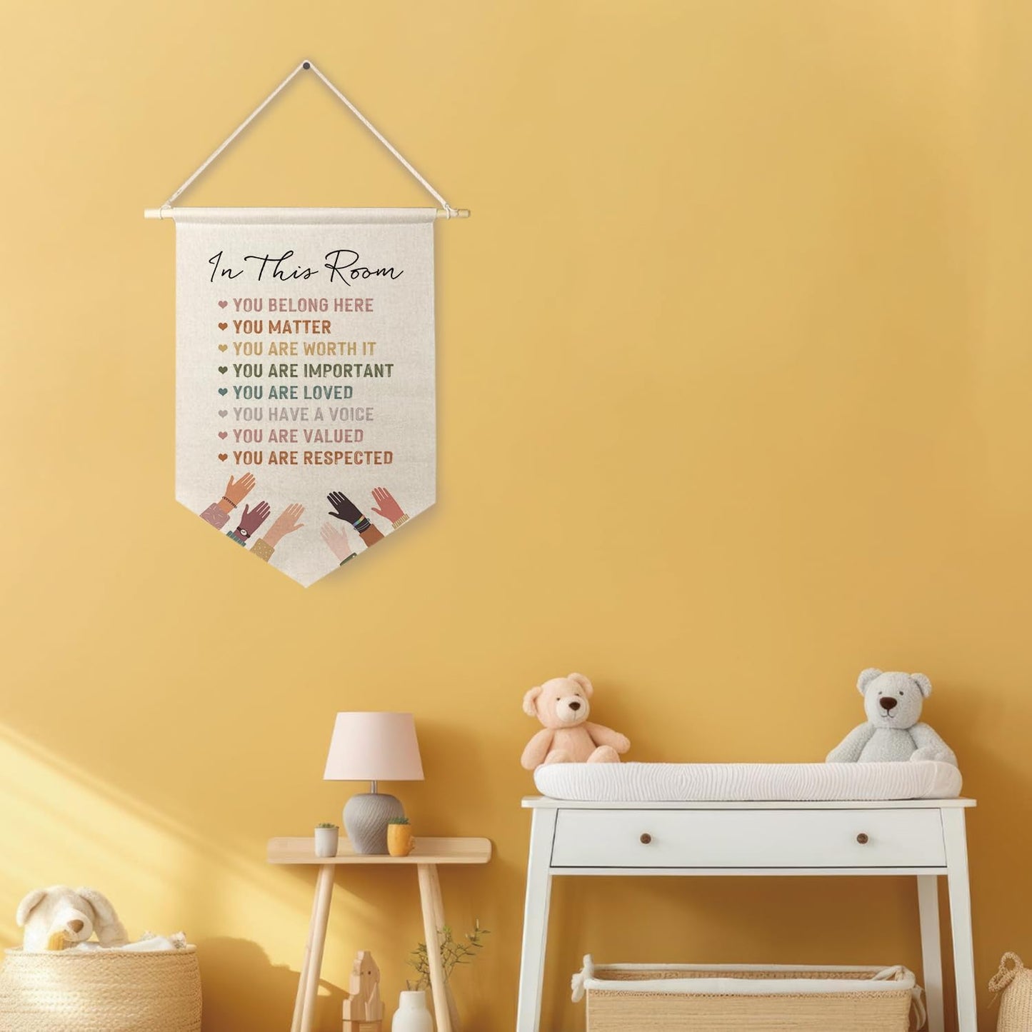 Qpenm Diversity Poster - Boho Classroom Decor, 'In This Room You Belong Here' Hanging Wall Canvas Banner, Inclusive Decor, Inspirational Pennant Flag Prints