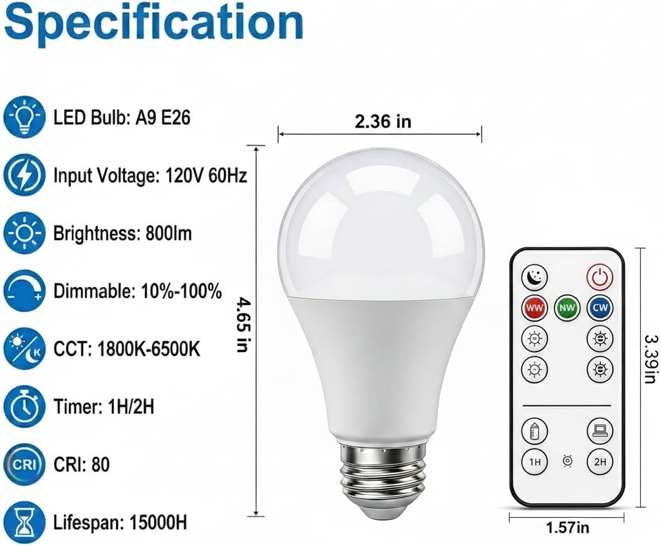 Amber Sleep Light Bulbs with Remote Control-800LM 9W (60W Equivalent),Blue Light Blocking,Dimmable,1800K-6500K,E26,Warm and Reading Light Bulb for Home Decor,2Bulb&1Remote