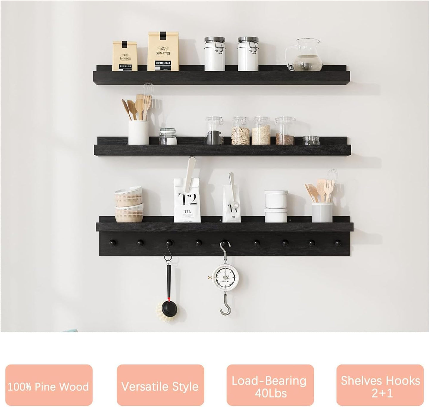 MBYD Black Picture Ledge Shelf with Hooks, 24 Inch Floating Book Shelves Kids Room, Wall Mounted Nursery Bookshelves, Hanging Bookshelf for Bedroom, Living Room, Kitchen, Bathroom Set of 3