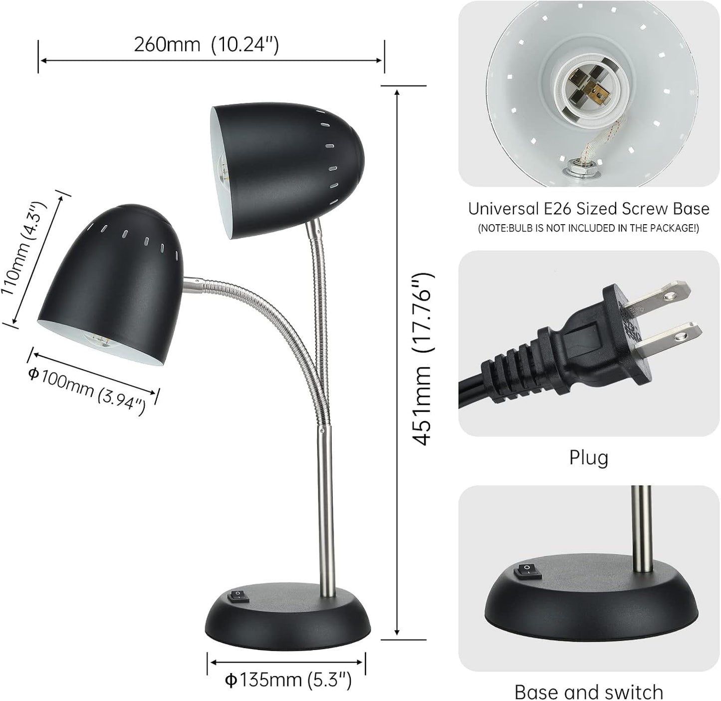 Eye-Caring Table Lamp of Simple Designs Home E26 Led Screw Basic Metal Desk Lamp with Flexible Gooseneck Hose Neck Study Lamp for Bedroom Office Living Room Convenient On/Off Switch(Black)
