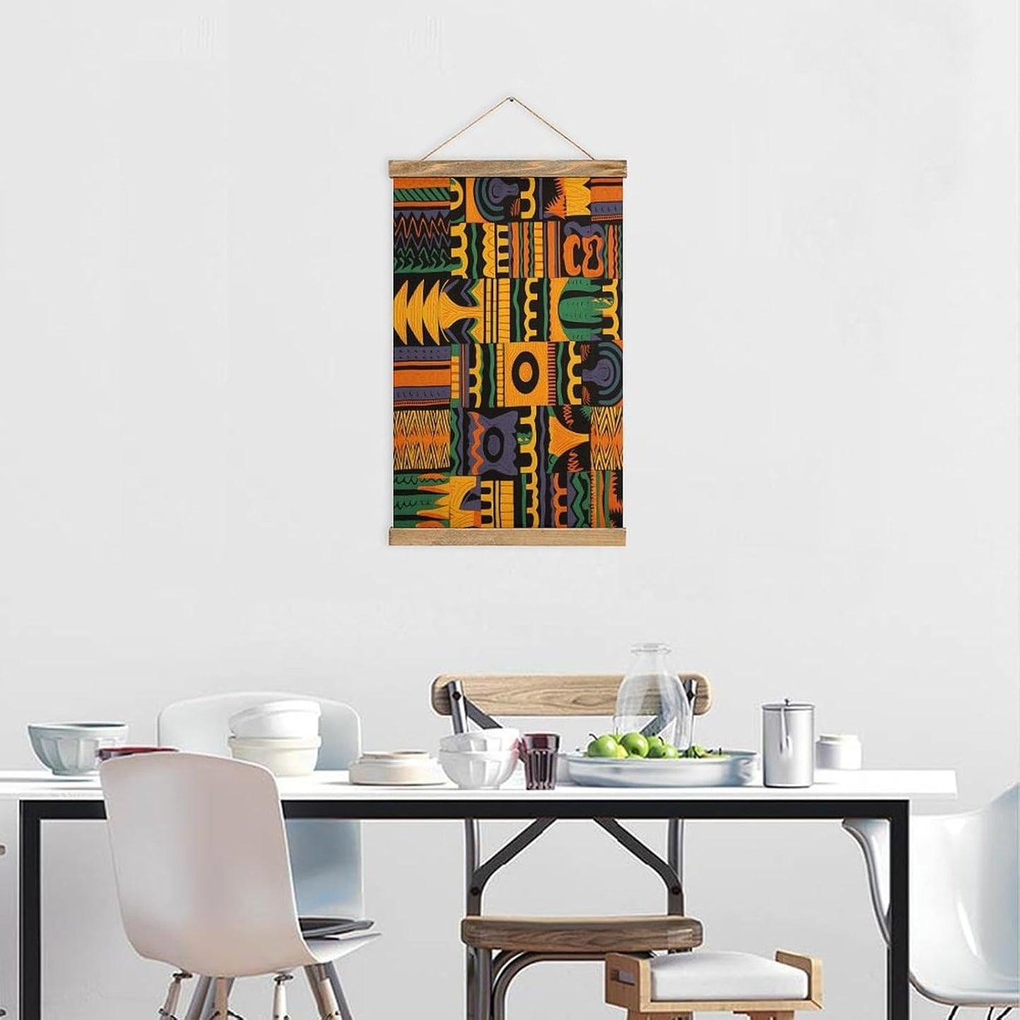 Vintage African Ethnic Pattern Poster with Wooden Frame Personalized Linen Hanging Scroll Painting Rustic Wall Hanging Illustrative Modern Artwork Decor for Home Living Room Bedroom Office
