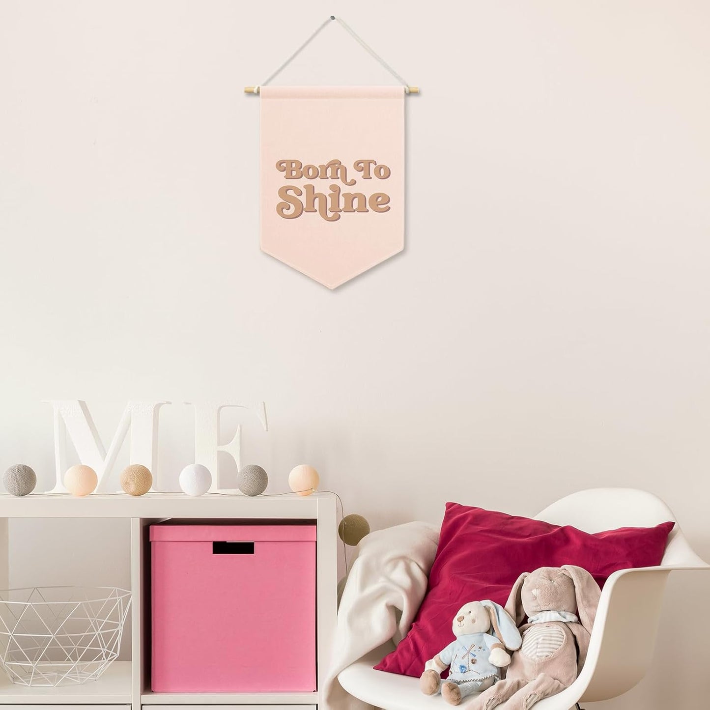 Pink Girls Banner Canvas, Inspirational Girly Kids Room Decor, Born to Shine Pennant Flag Sign Hanging, Nursery Boho Wall Art Gifts for Toddler Room Playroom Baby Shower Decor 11x15in
