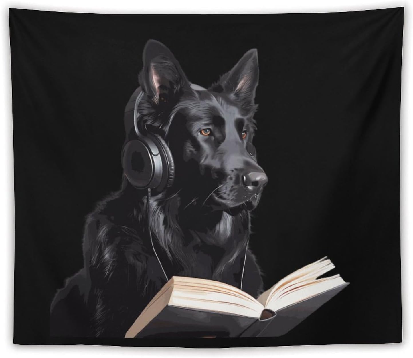 German Shepherd Wearing Headphones Reading Tapestry Photography Backdrop Wall Hanging Aesthetic Blanket Living Room Bedroom Decor Picnic Beach Mat