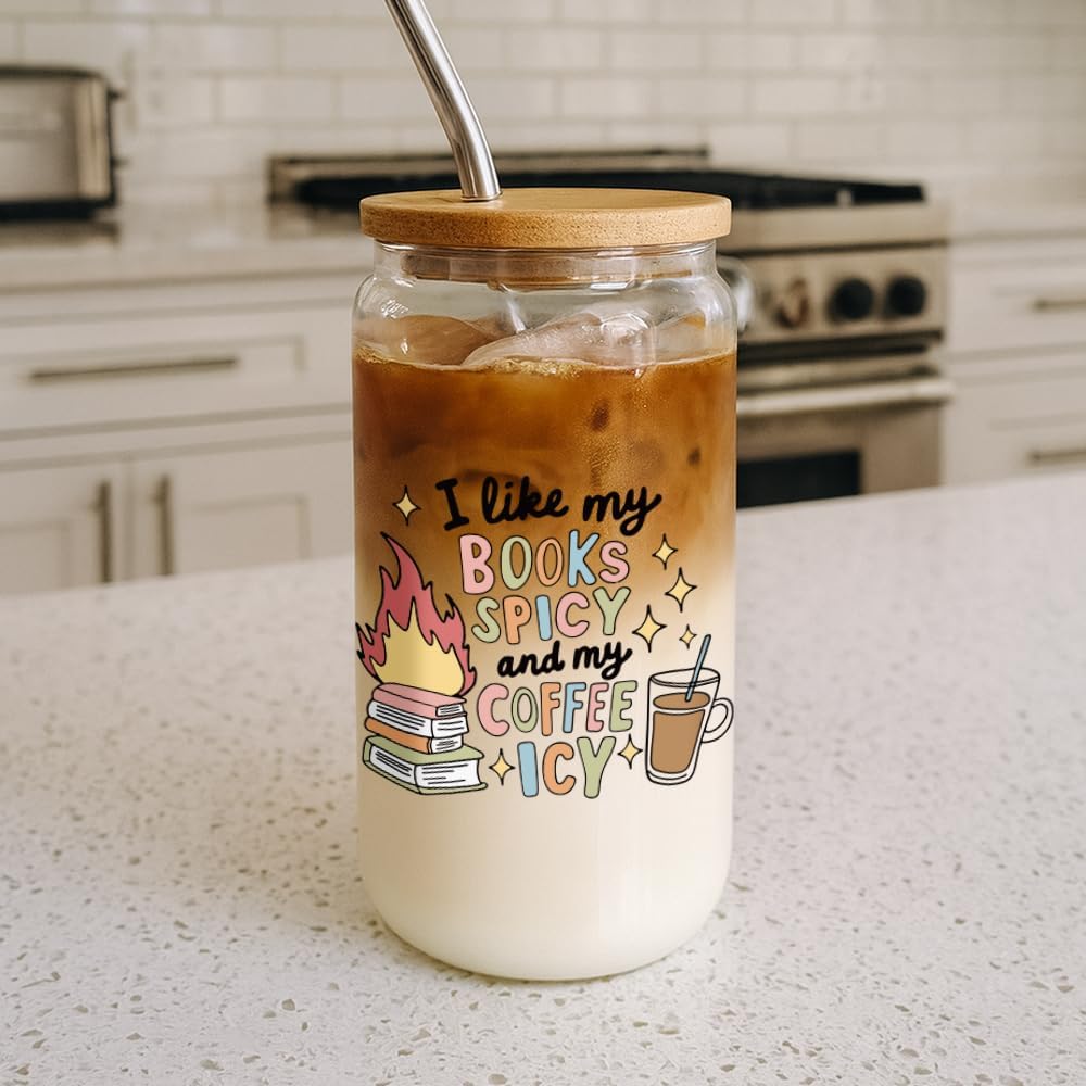 Funny Spicy Book Lover Gifts for Women,Men,Friends,Glass Cup with Lids and Straws,Bookish Gifts for Reader Libriran I Like My Books Spicy & My Coffee Icy Book Mugs Gift for Birthday Christmas -54