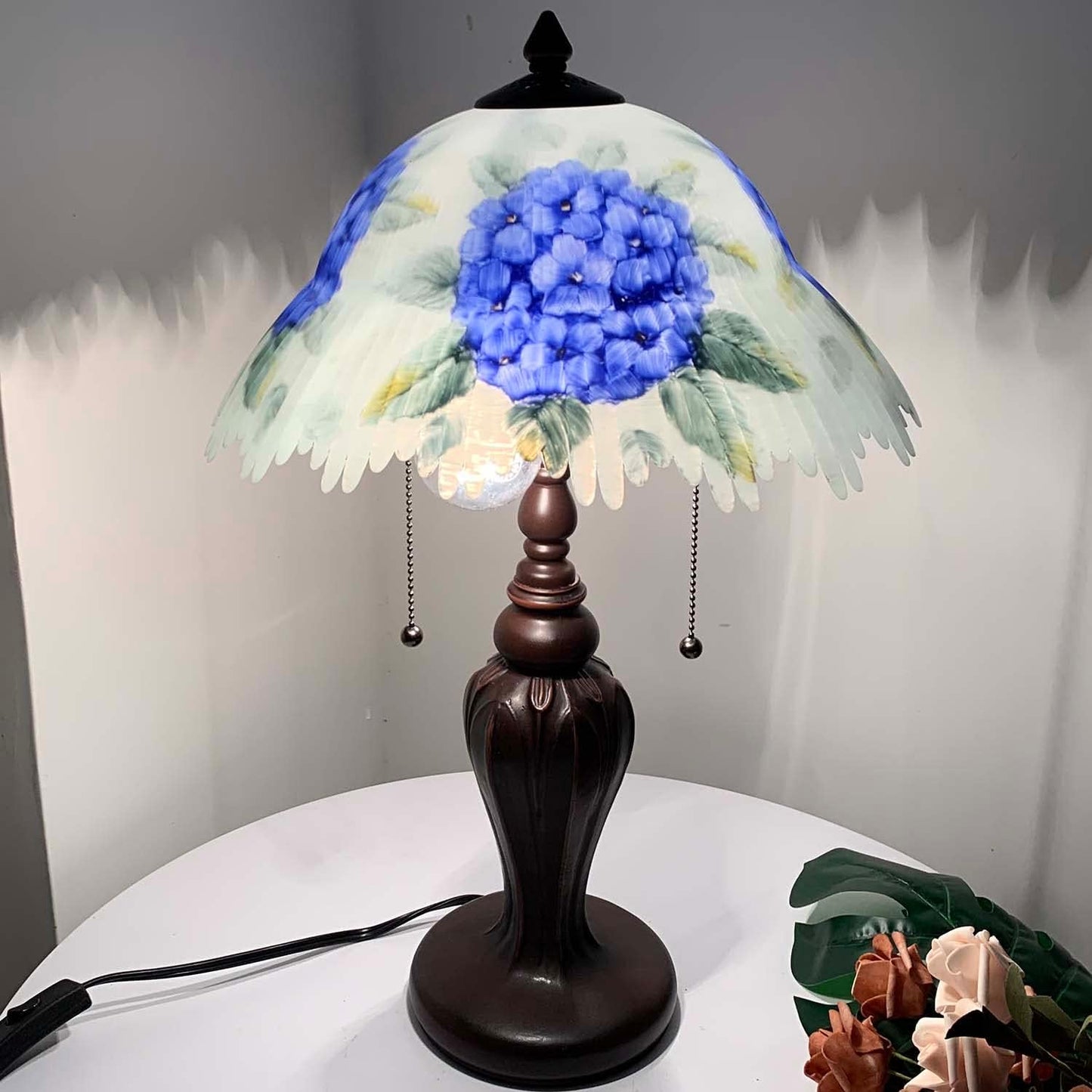 Bieye L10780 Hydrangea Flower Hand-Painted Glass Table Lamp with Metal Base, Blue, 13" W x 19" H