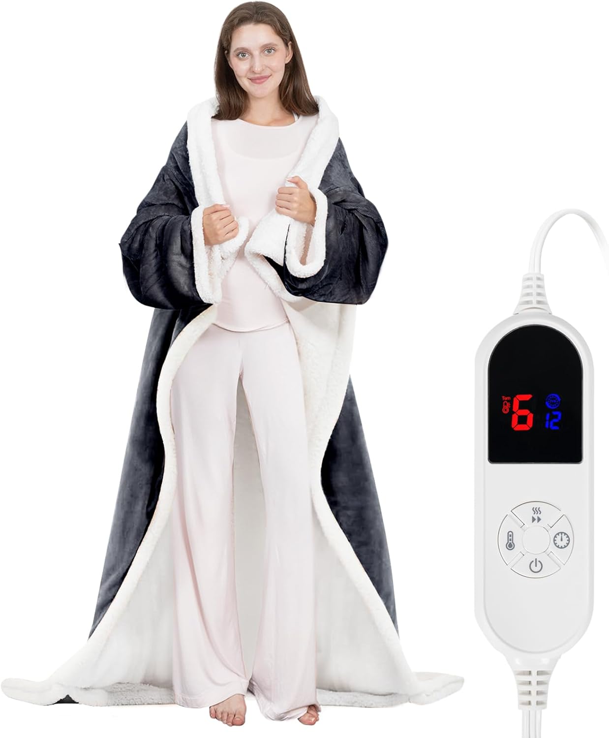 HOW'S MY HOUSE Wearable Heated Blanket with Sleeves and Foot Pocket, 52"x72" Electric Blanket for 6 Heat Settings, 12-Hour Timer, Flannel & Sherpa, Charcoal