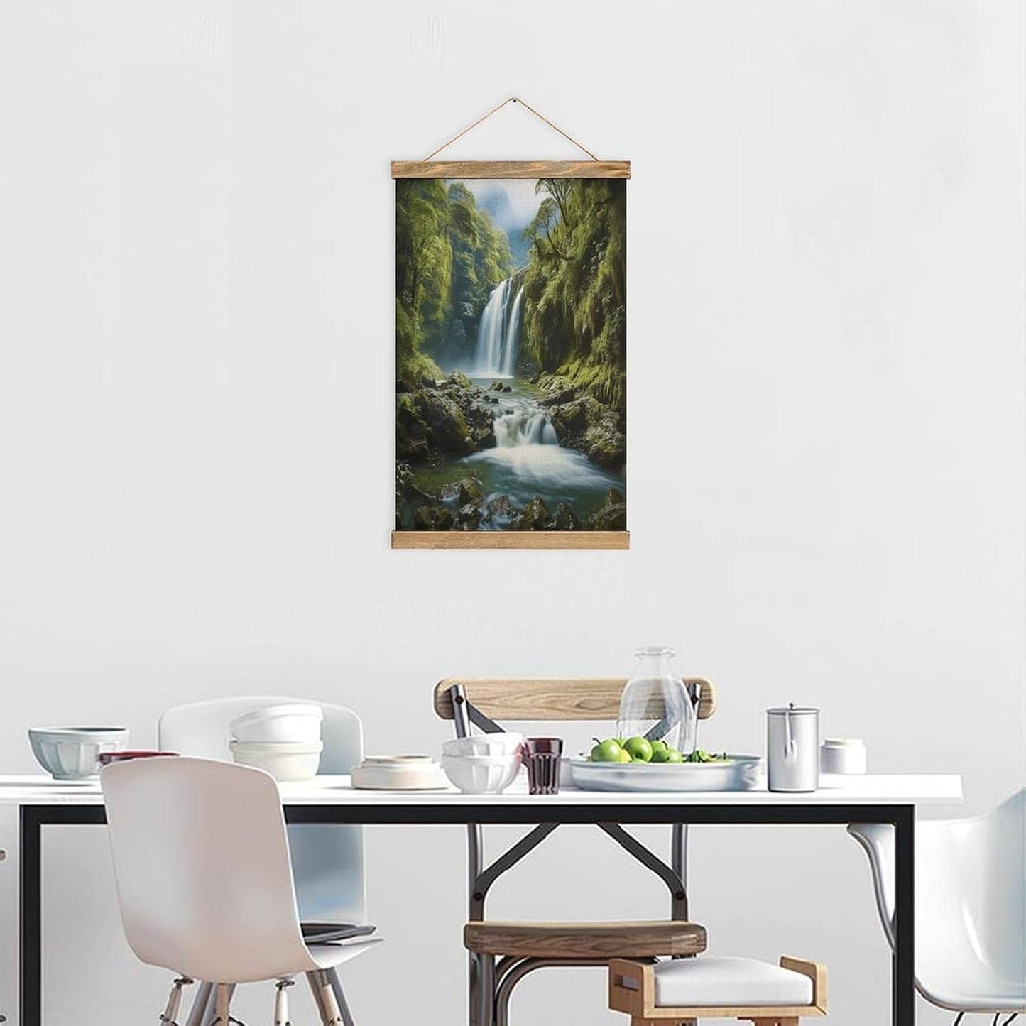 Vintage Waterfall Landscape Painting Poster with Wooden Frame Personalized Linen Hanging Scroll Painting Rustic Wall Hanging Illustrative Modern Artwork Decor for Home Living Room Bedroom Office