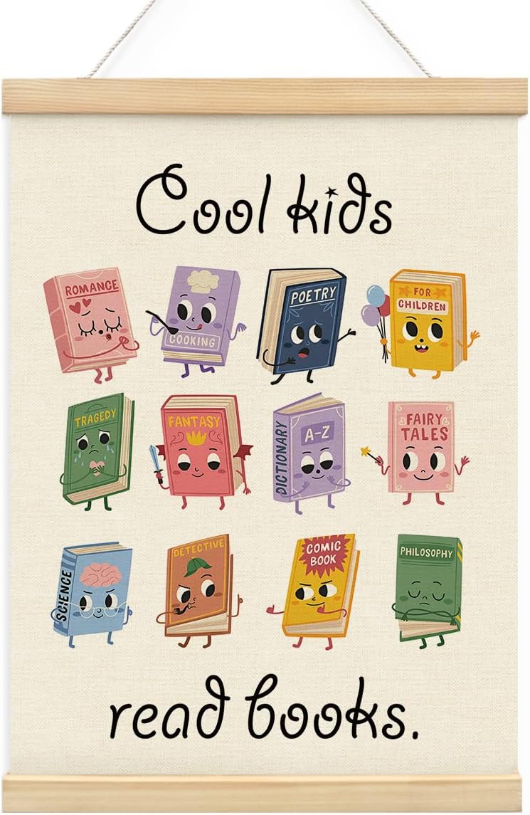 Wheatwin Cool Kids Read Books Wall Art with Wooden Poster Hanger, Reading Corner Decor for Classroom, Reading Nook Decor, Kids Wall Decor, Classroom Wall Decor, 12x16 Inch