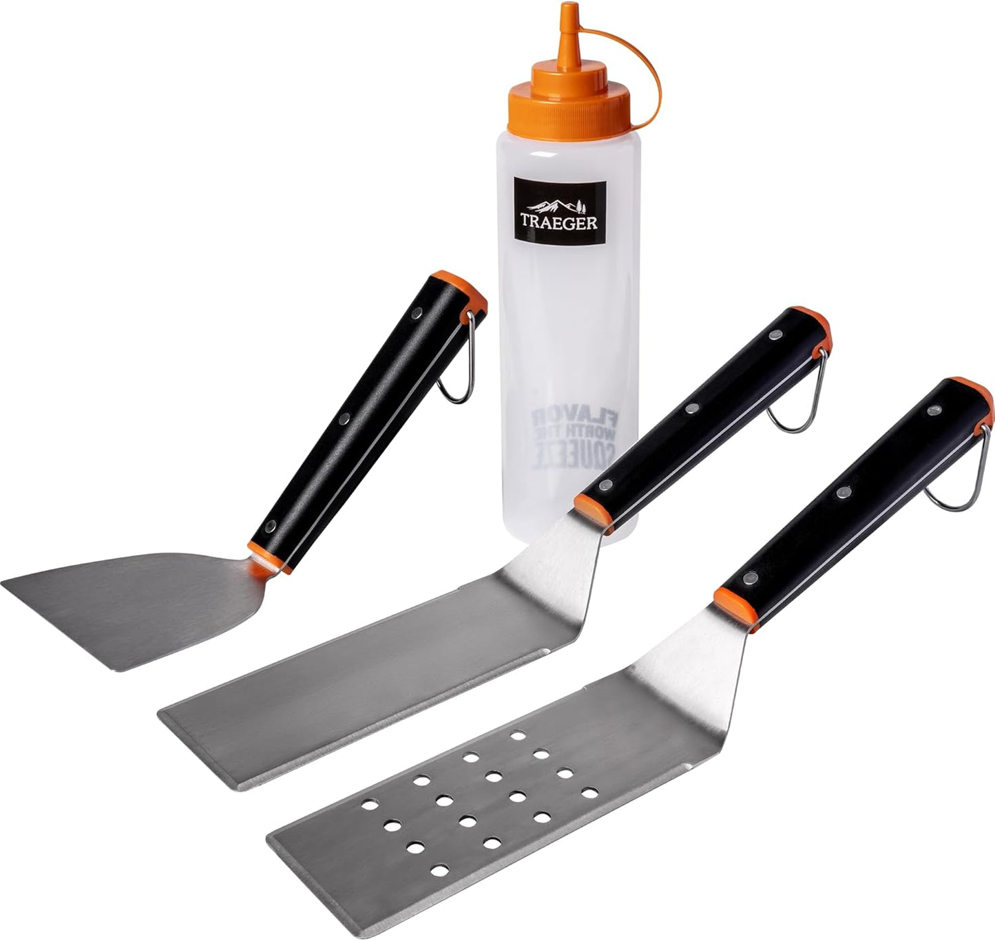 Traeger Grills Flat Top Grill Essentials Kit – 2 Spatulas, Scraper & Squeeze Bottle | Complete Griddle Tool Set for Smash Burgers, Frying & More