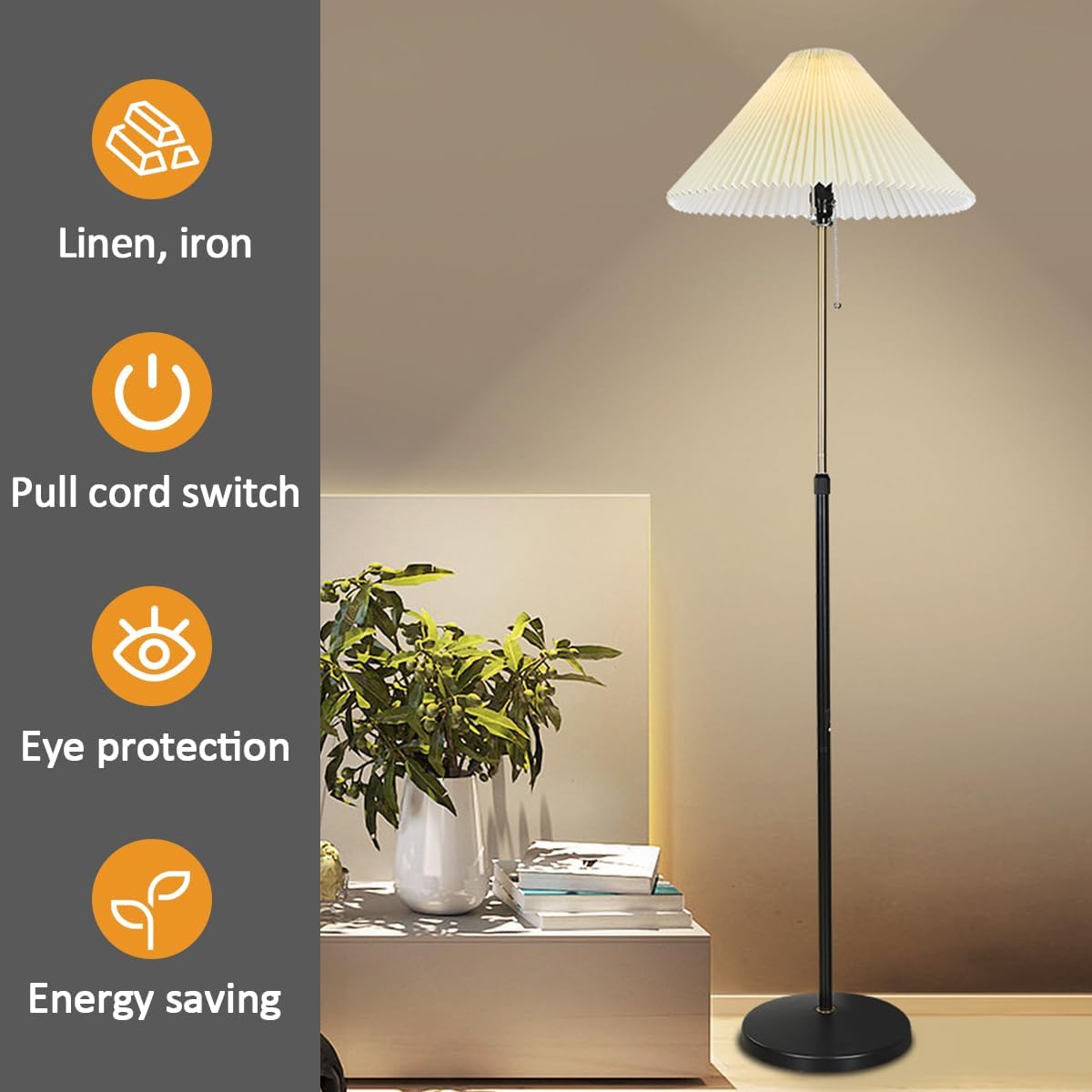 Nordic Cream Style Floor Lamp Adjustable Height Standing Lamp Pleated Shade Vertical Light with Pull Chain Switch Eye Protection Reading Pole Lights Black Iron Floor Lamps for Living Room
