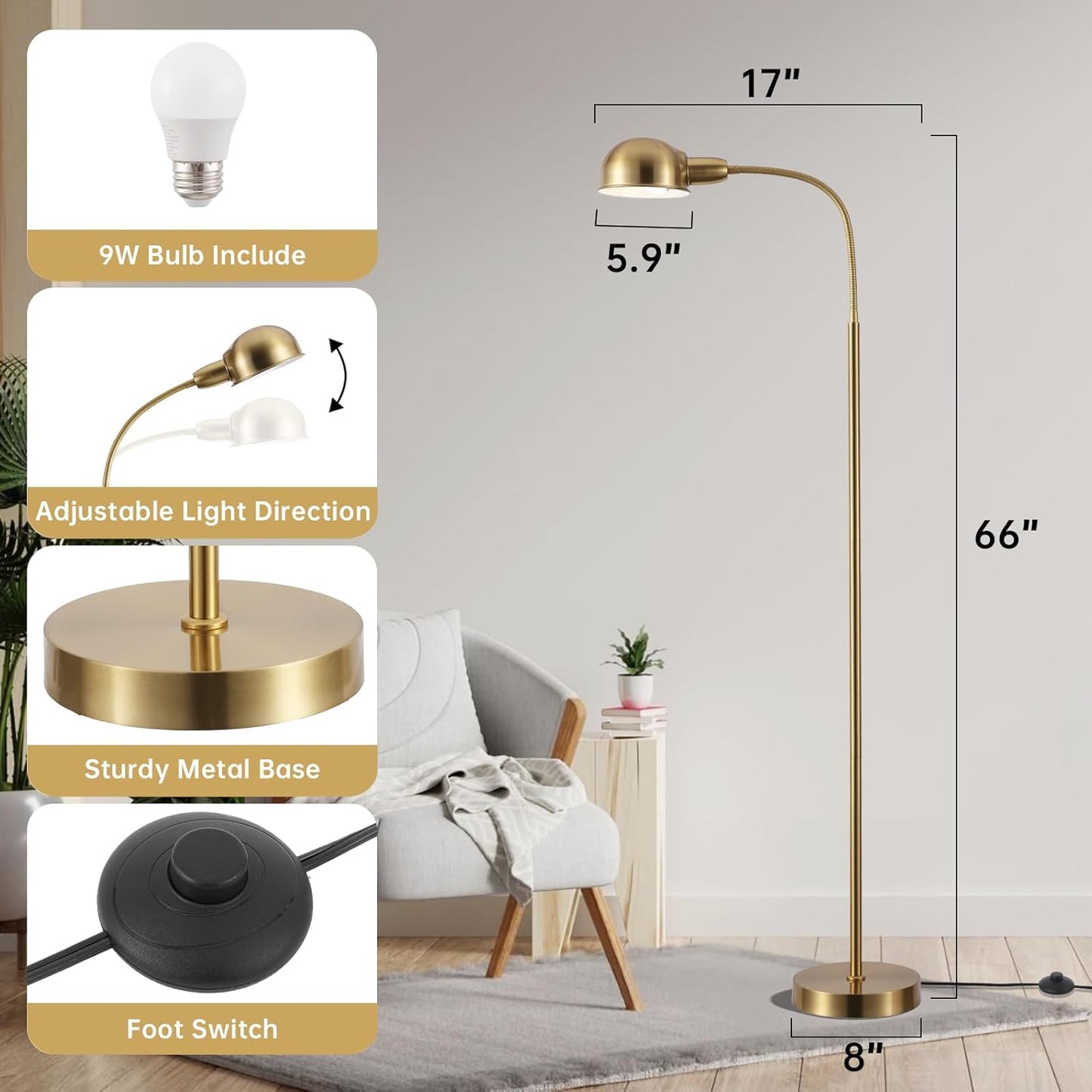 Adjustable Floor Reading Lamp Standing Lamps with Remote Control Gooseneck and Rotatable Shade, Modern for Living Room Bedroom Study Room Office Hotel