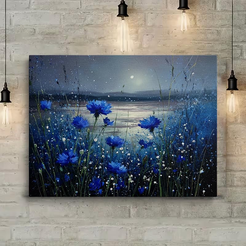 Beautiful Blue Cornflowers Moonlit Lake Landscape Canvas Wall Art - Tranquil Nature Home Decor for Living Room & Bedroom Bathroom - HD Waterproof Stretched Framed Art Print Ready to Hang 12x16 Inches