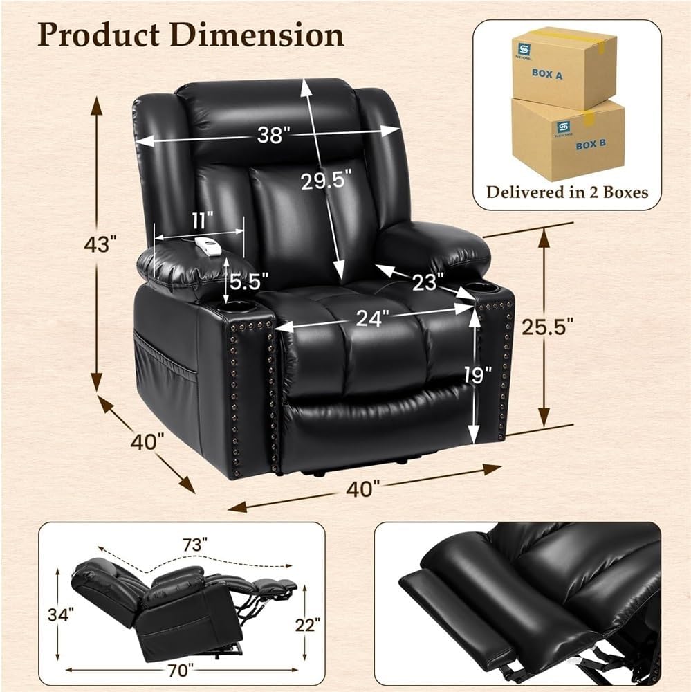 Large Leather Power Lift Recliner Chair for Adults, Heavy Duty Electric Reclining Sofa with Heat & Massage, Extended Footrest, Cup Holders, Side Pockets, Black