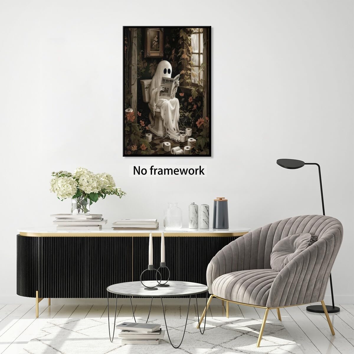 Medpol Spooky halloween bathroom wall art funny ghost reading newspaper cottagecore wall decor dark academia canvas posters for room bathroom Unframed8x12inch