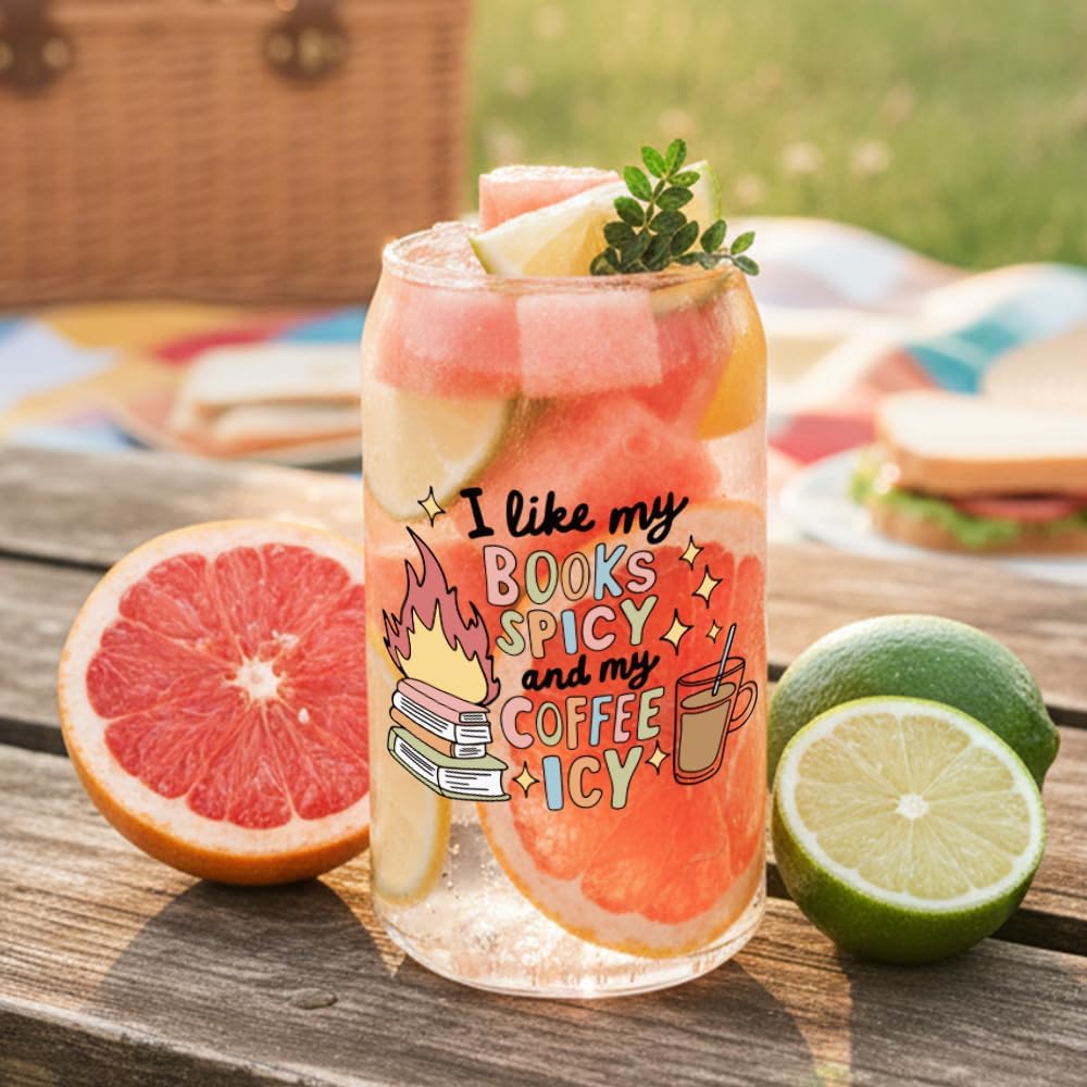 Funny Spicy Book Lover Gifts for Women,Men,Friends,Glass Cup with Lids and Straws,Bookish Gifts for Reader Libriran I Like My Books Spicy & My Coffee Icy Book Mugs Gift for Birthday Christmas -54