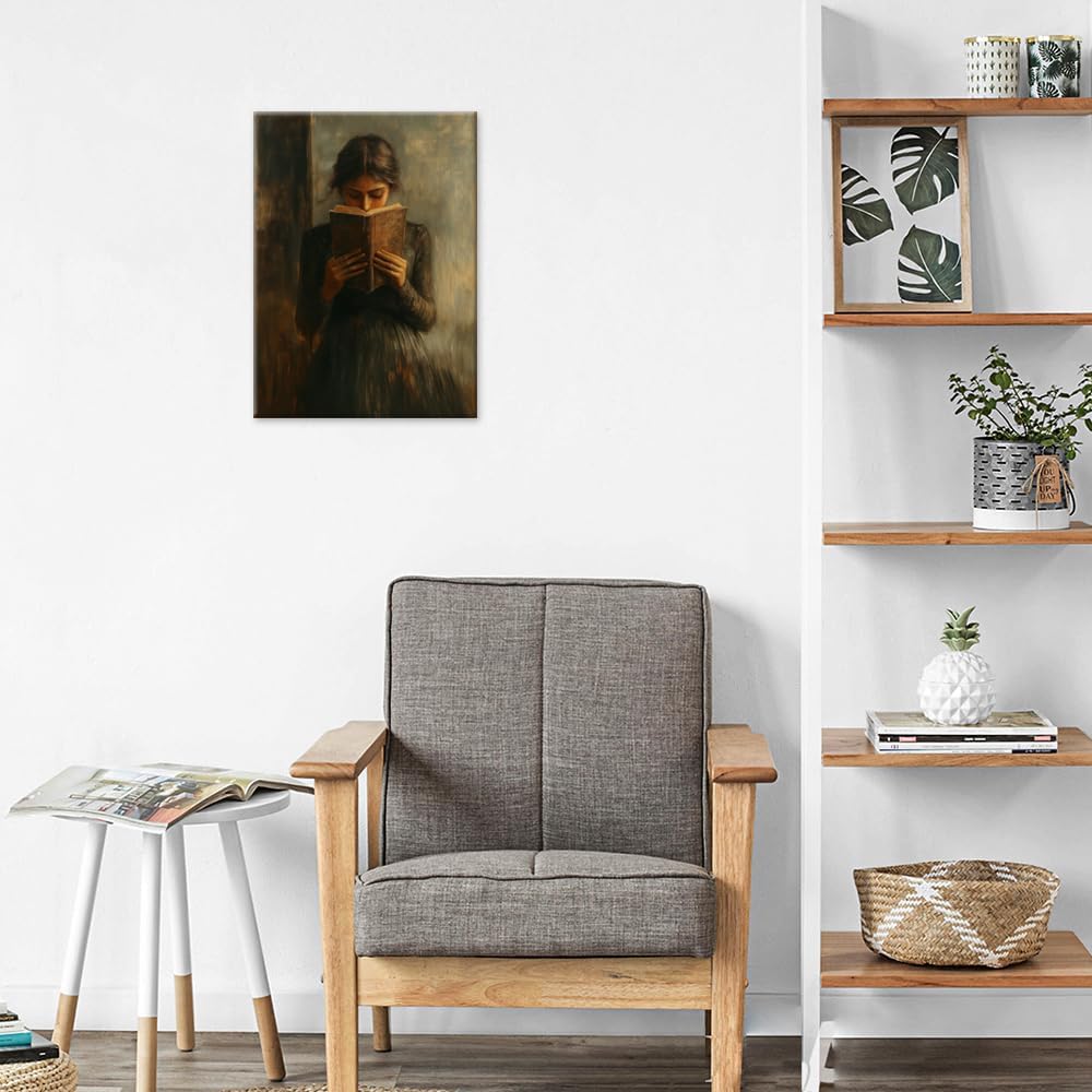 Dark Academia book wall art Decor Victorian Woman Reading Bookish Wall Art Print posters vintage book room library nook Decor Paintings Picture Moody Girl Aesthetic Poster 16x24in Wrapped Canvas