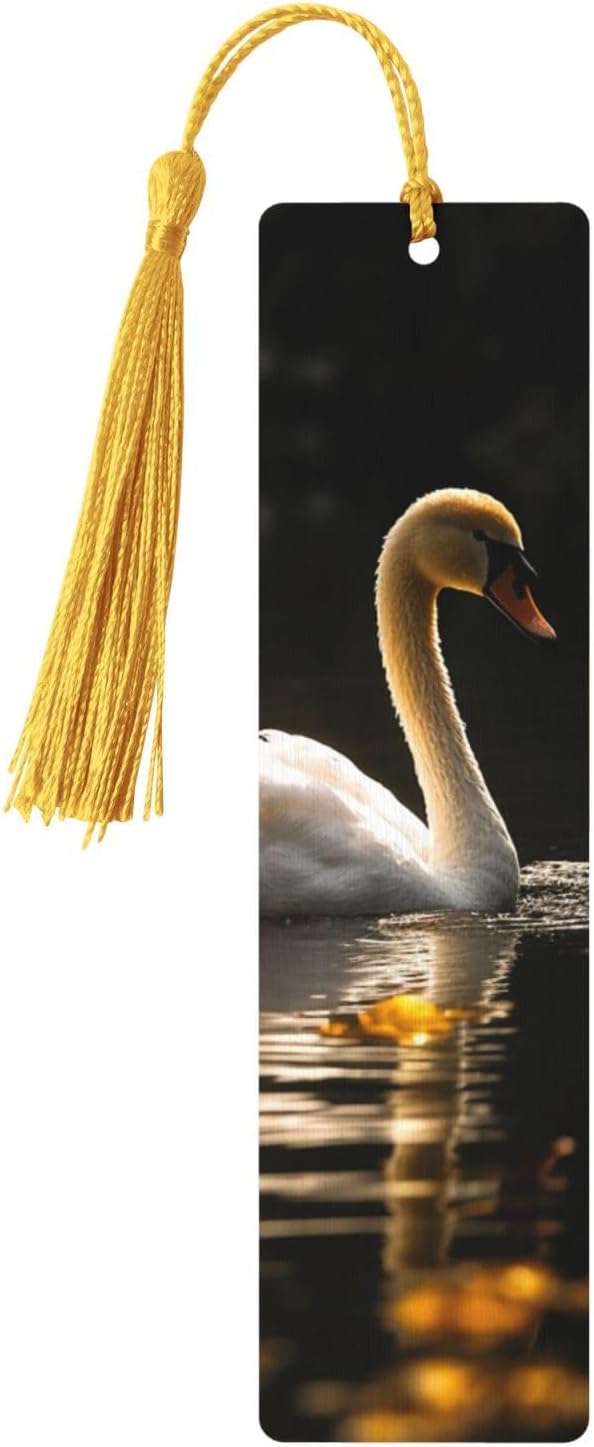 White Swan Swimming Bookmarks Gifts for Women Men, Wooden Bookmarks for Book Lovers, Vintage Book Marks Ornaments with Tassel, Unique Personalized Reading Page Markers Gold