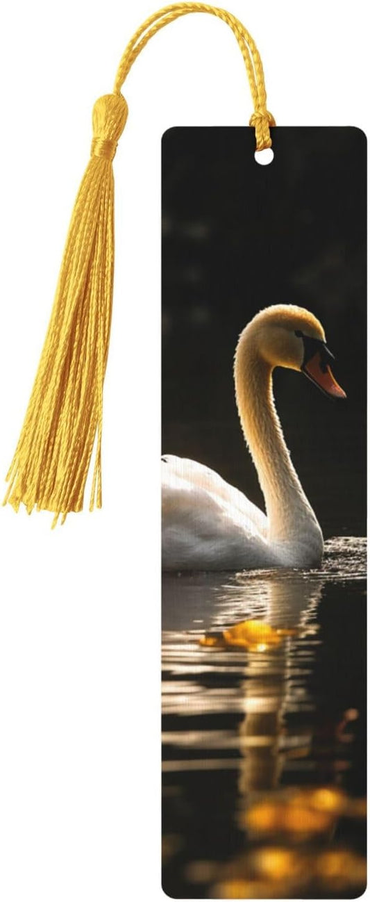 White Swan Swimming Bookmarks Gifts for Women Men, Wooden Bookmarks for Book Lovers, Vintage Book Marks Ornaments with Tassel, Unique Personalized Reading Page Markers Gold