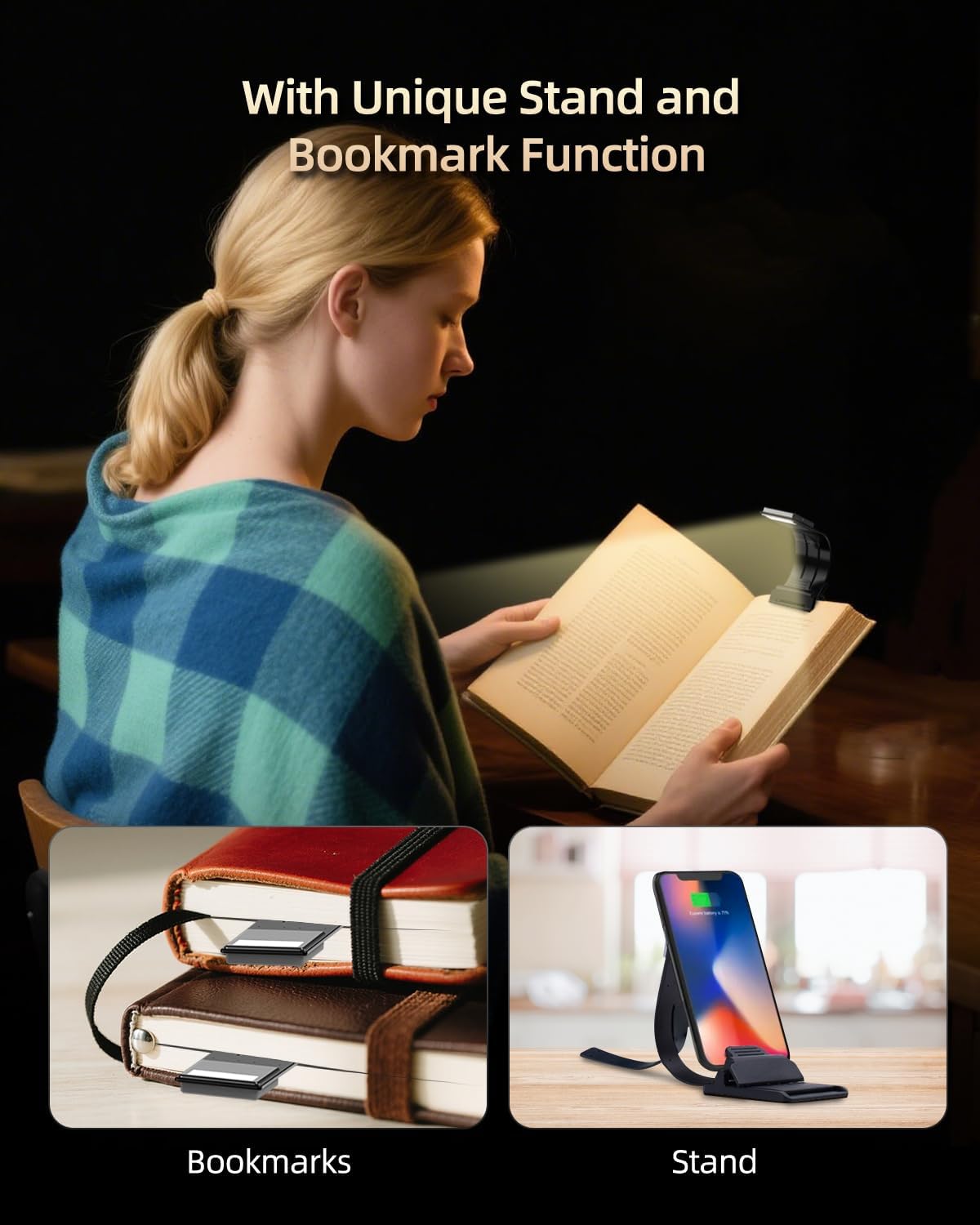 Bookmark Book Light, Clip on Book Lights for Reading at Night, Reading Lights for Books in Bed - Eyes, 8 LED with 3 Colors Temperatures & Stepless Dimming for Readers & Kids (Black)