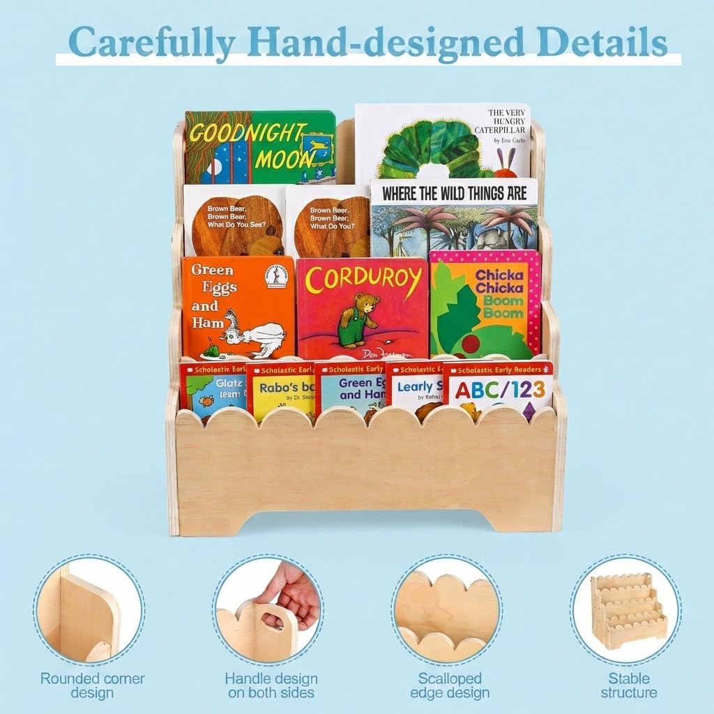 Small Wooden Bookshelf 4-Tier, Natural Pine Wood Kids Bookshelf, Scalloped Toddler Book Shelf, Baby Nursery Book Shelf, Display Front Facing Montessori Book Case for Children Room Playroom